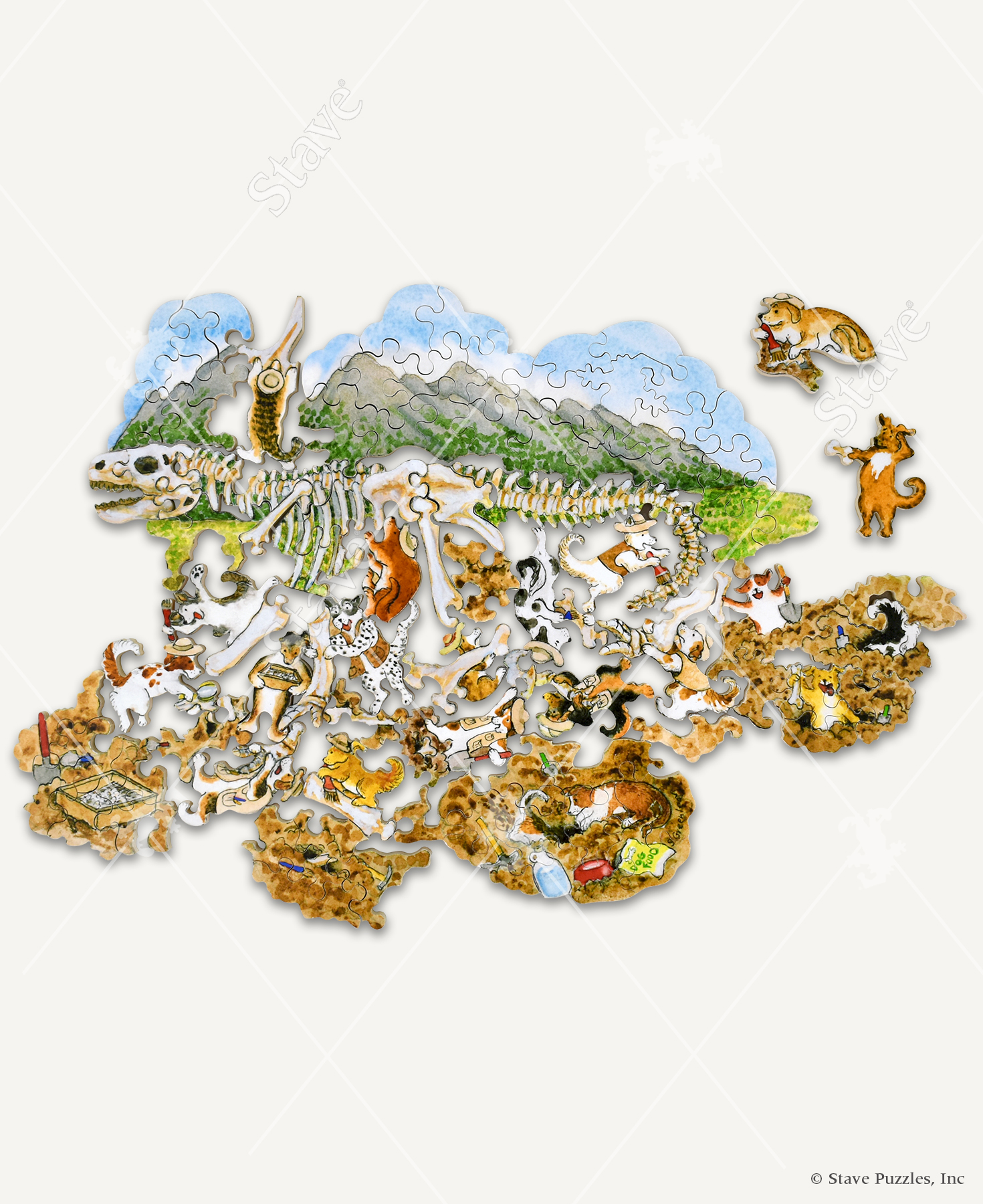 No Bones About It wooden jigsaw puzzle shows a group of archeologist dogs who have found a dinosaur skeleton hidden under a mountain. Each dog is clean off the bones, using a magnify glass to inspect their find, or digging for more treasure.