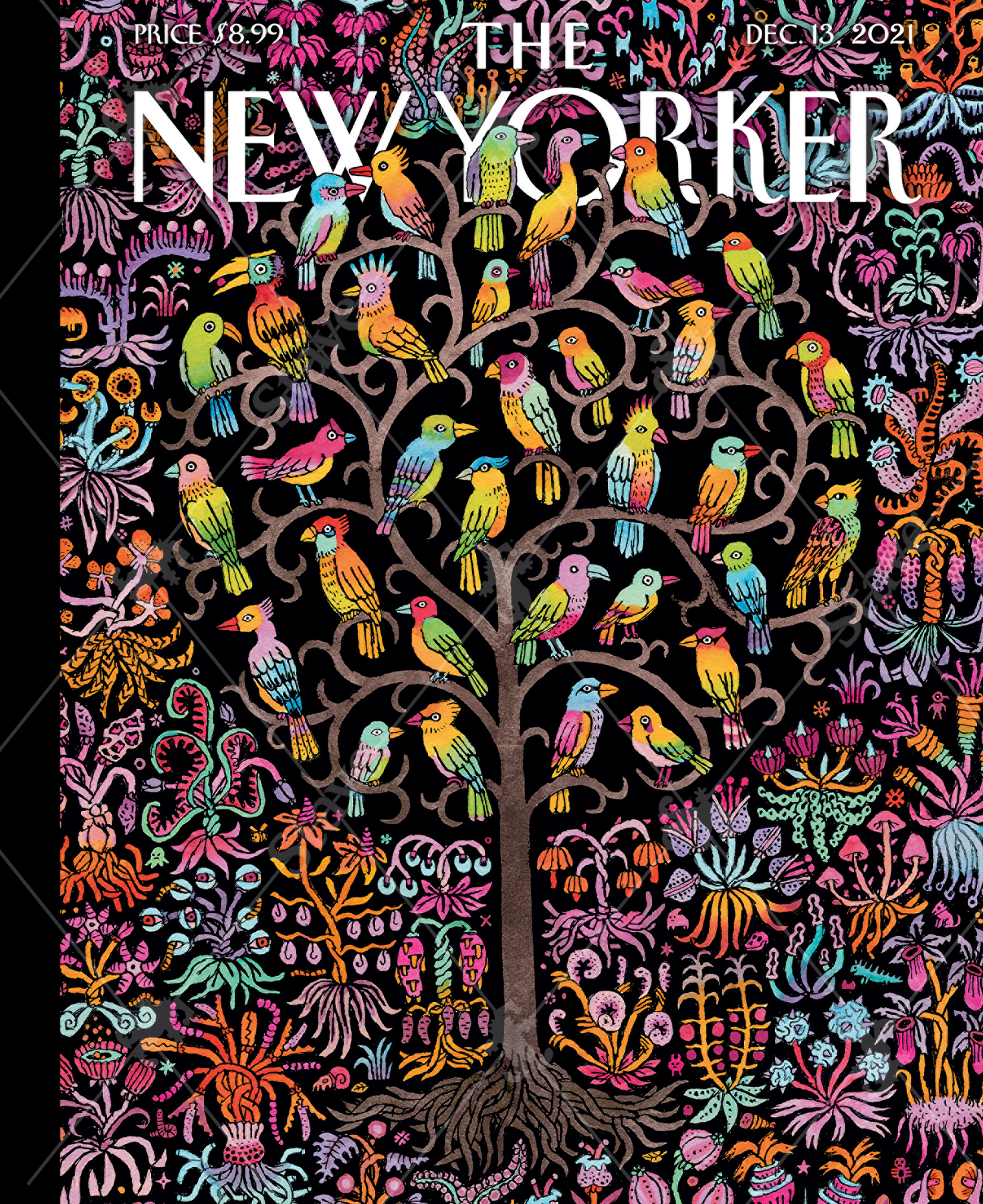 Close up of December 12, 2021 wooden jigsaw puzzle of a New Yorker cover featuring a flock of birds sitting in a bare tree, surrounded by vibrant botanicals throughout the entire image.