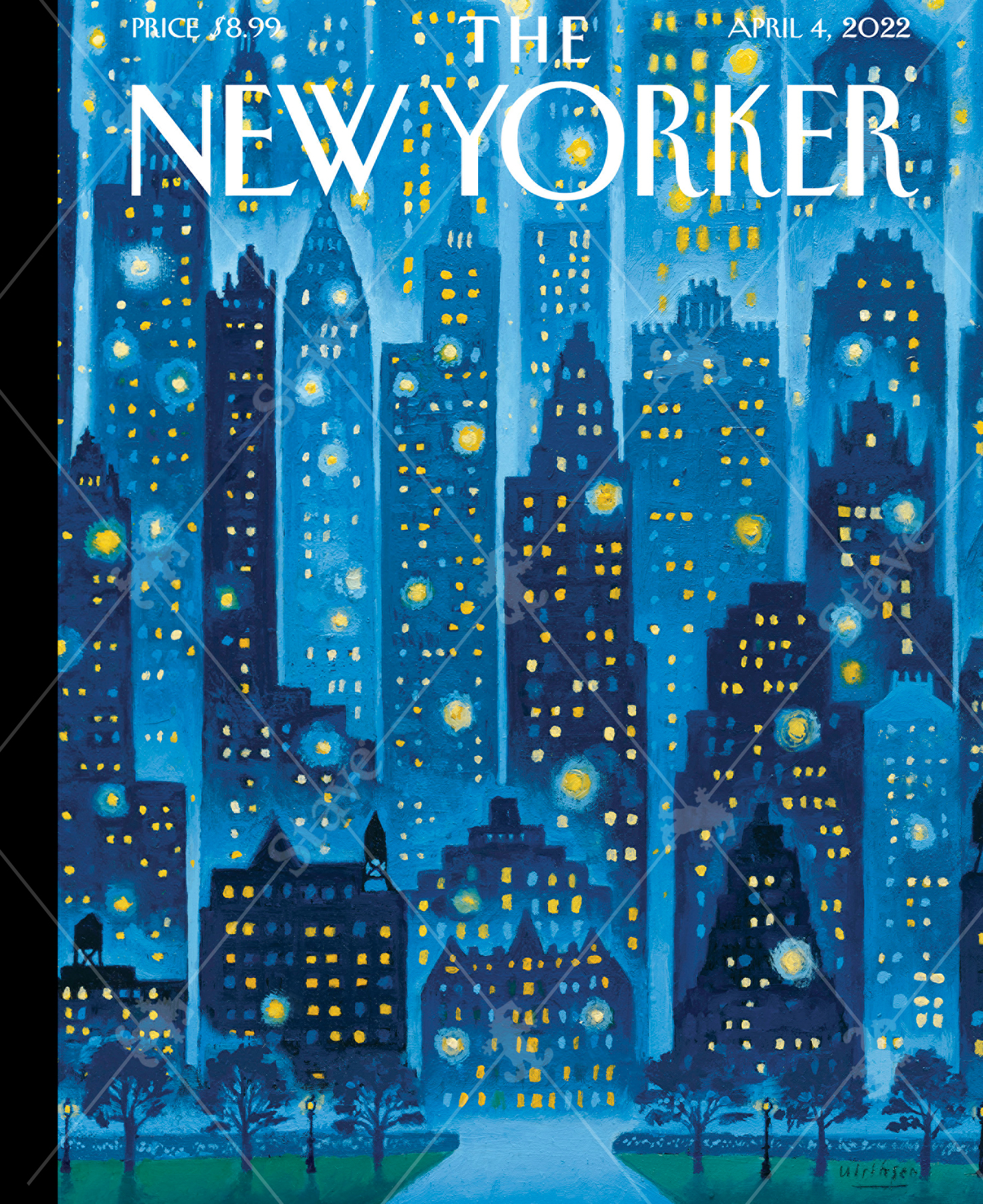 Close up of April 4, 2022 wooden jigsaw puzzle of a New Yorker cover of two people walking through the park at night with the city building lights looking like stars in the night sky.