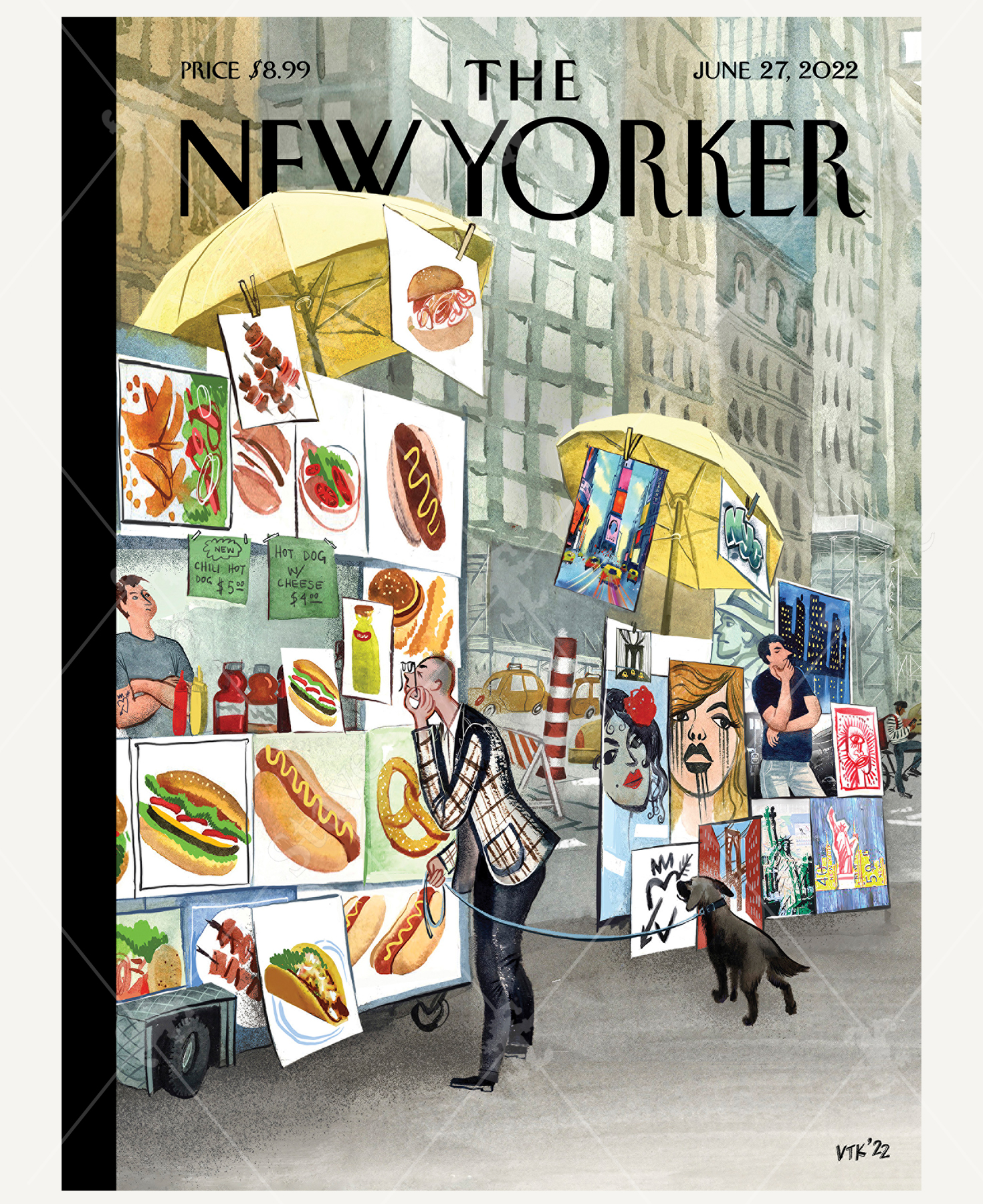 June 27, 2022 wooden jigsaw puzzle is a New Yorker cover of a person standing at a food cart holding their glasses up to look at images of food, while their dog is looking at artwork set up next to the cart.