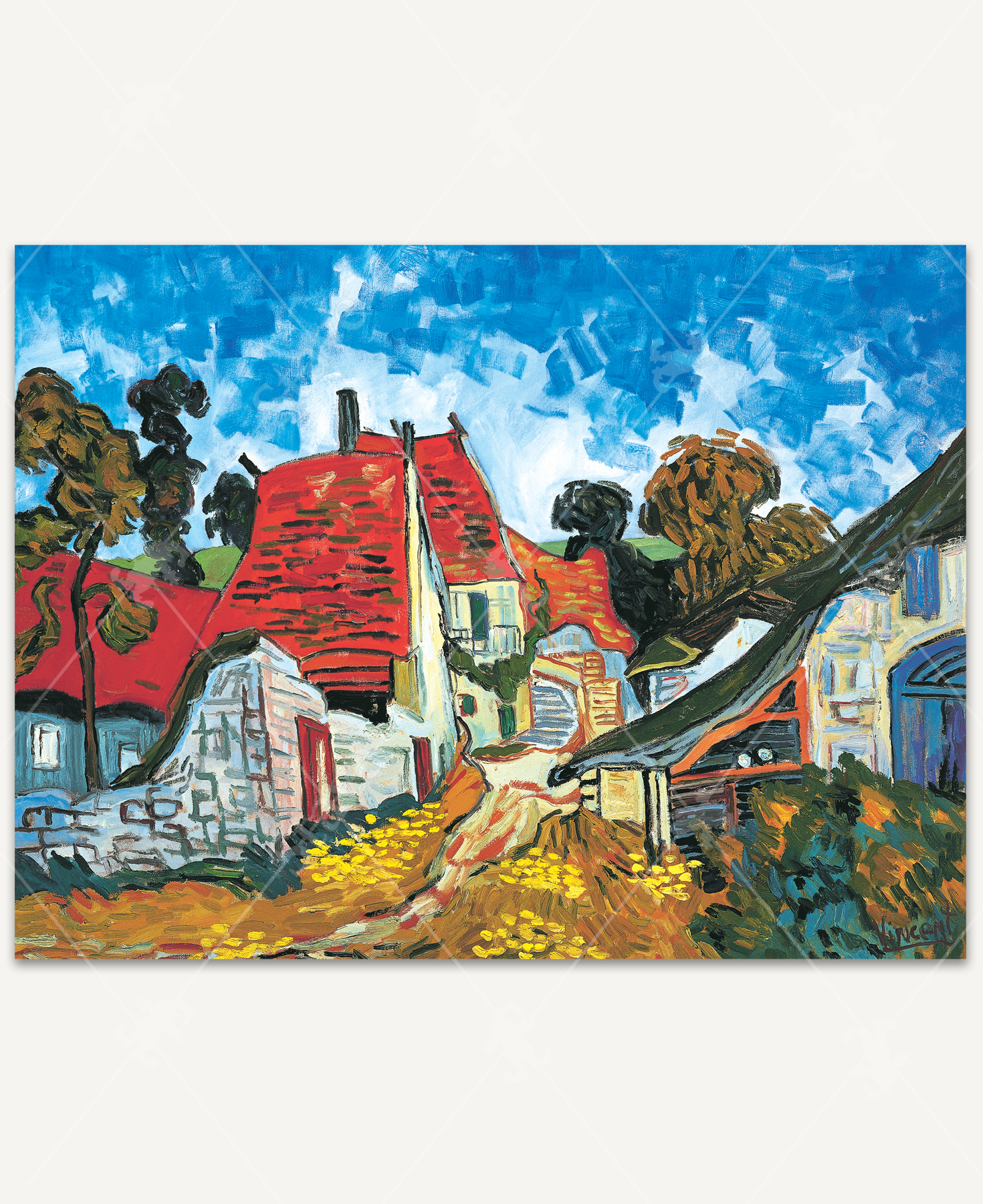 Red Roofs In Auvers wooden jigsaw puzzle presents a rural village full of traditional old farm cottages on an unpaved dirt road. Vincent Van Gogh creates texture through brushstrokes to create bricks on the walls, pan-tiled roofs, and leaves on trees.