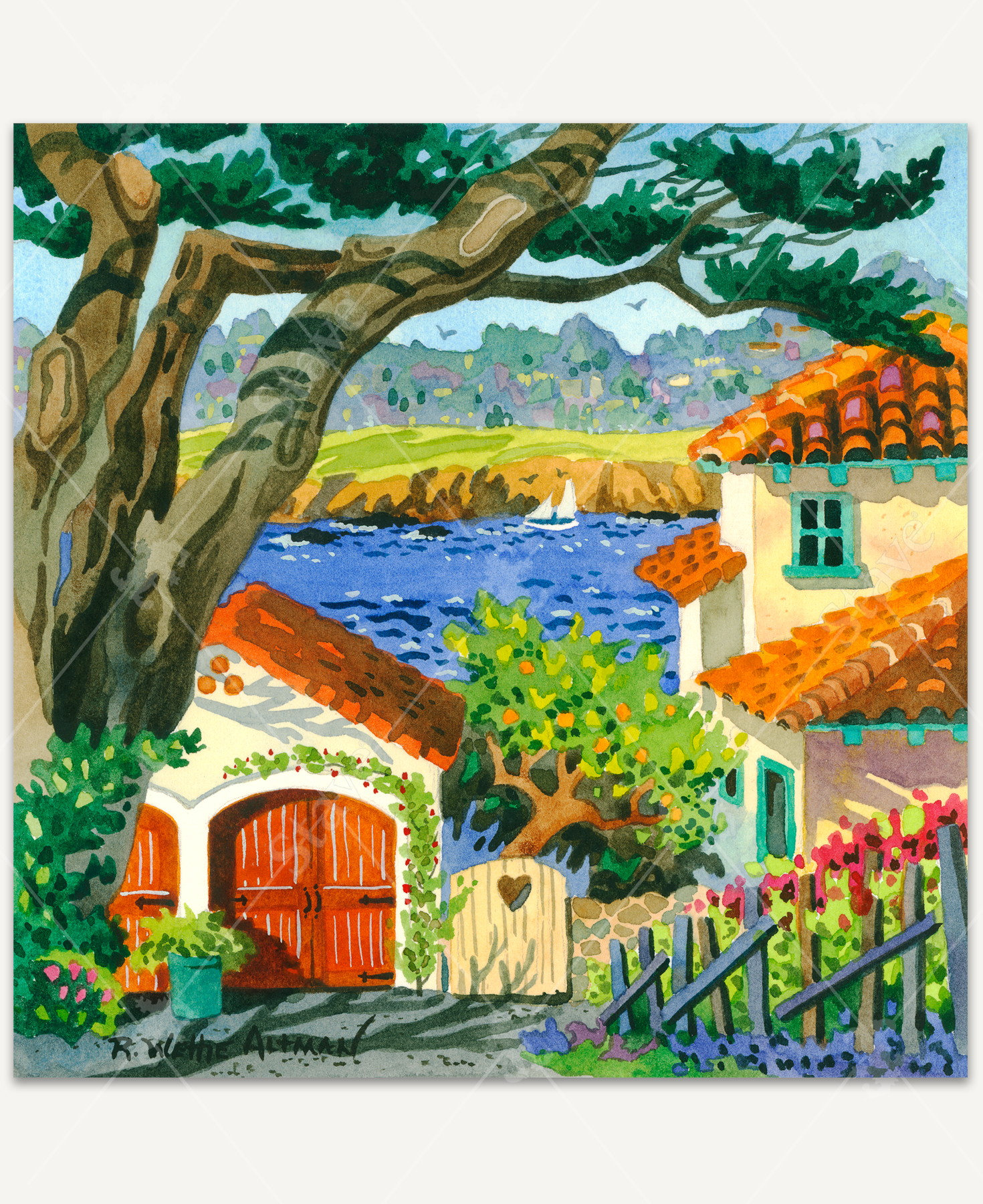 Nestled In Carmel wooden jigsaw puzzle shows a Mediterranean-style house with a lakeside view. A white sailboat floats off in the distance.