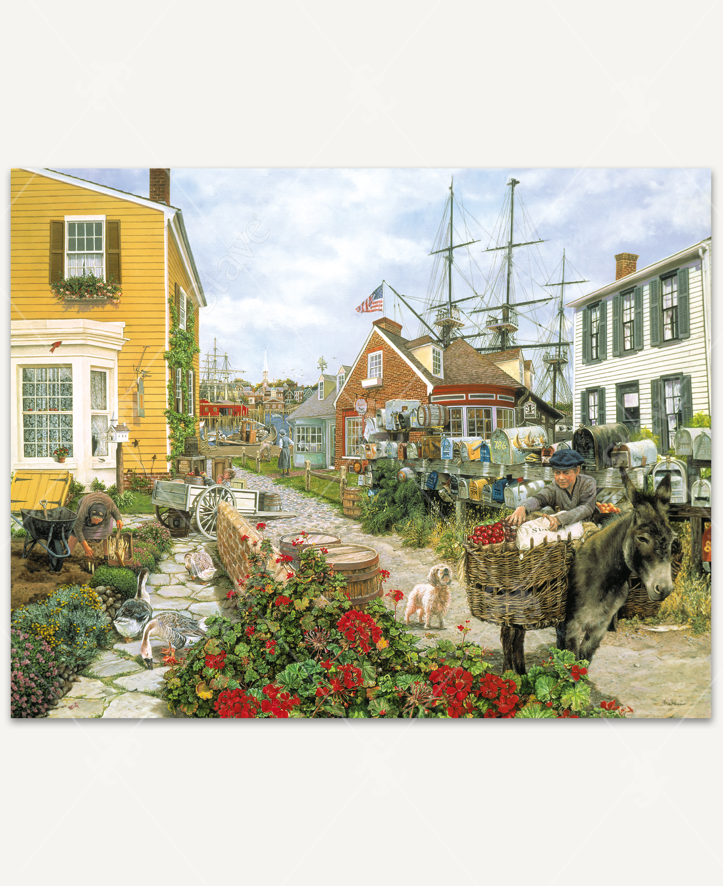 Mystic Memories wooden jigsaw puzzle brings you back in time to a summer day in the ship-building village of Mystic, Connecticut. A woman tends to her garden as geese roam the walkway and a boy loads vegetables into panniers on a donkey. The cobblestone pathway in between the houses leads to a fishing boat tied to a dock in the marina. A ship's masts stand tall behind a brick house with an American flag waving in the wind.