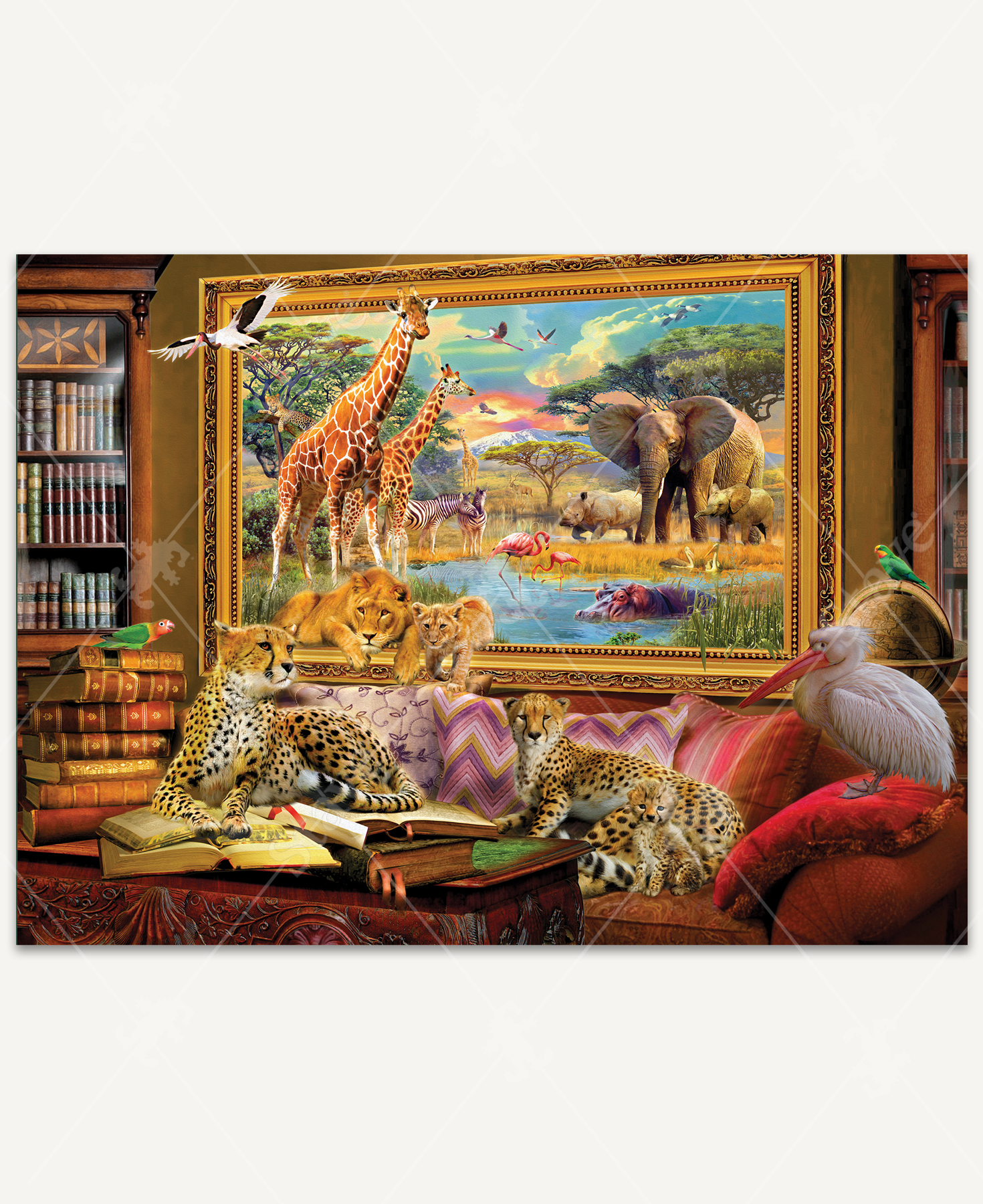 Savannah Coming To Life wooden jigsaw puzzle illustrates the inside of a home with a couch, bookshelves, and a coffee table. Hanging up on the wall is a large painting in a gold frame of the savannah. Animals -cheetahs, lions, giraffes, and birds – are coming out of the frame and into the living room. Three cheetahs lay on the couch as birds sit on a pile of books, a globe, and a pillow.
