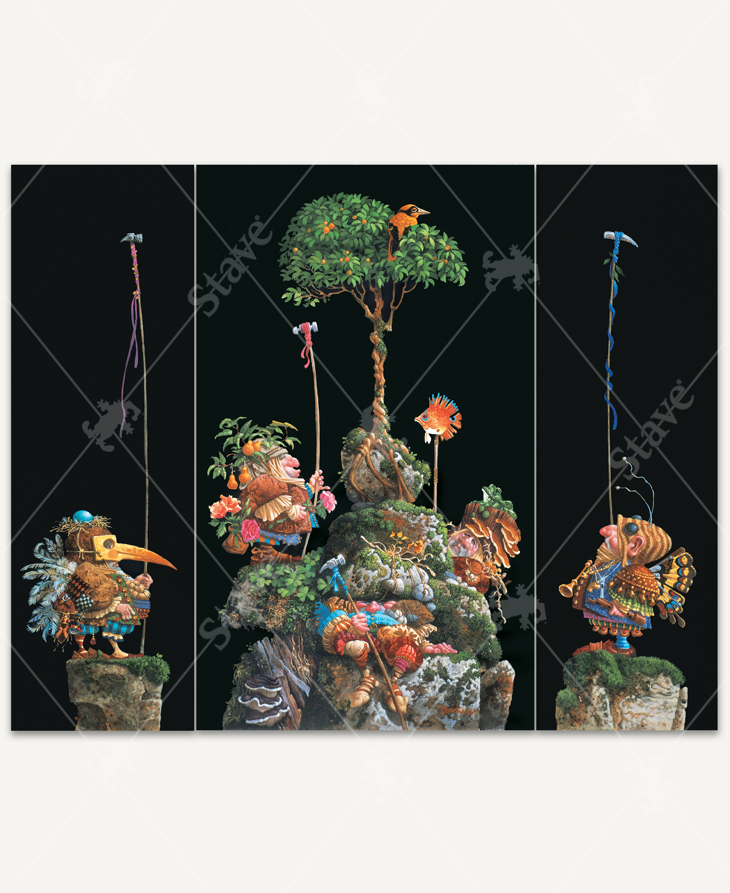 Six Bird Hunters In Full Camouflage wooden jigsaw puzzle is broken down into three panels, with the center panel being the main image of a bird sitting high on a fruit tree with its roots wrapped around a boulder. The boulder balances on top of a mossy rock formation where three guys stand as they wait to hunt the bird. The other two panels each have a person standing on a small rock formation. All the hunters dress in camouflage – consisting of fruit, mushrooms, feathers, butterfly wings, and rocks – as they hold long sticks with hammers and a fish tied to the ends. The colors of the image stand out against the dark black background.