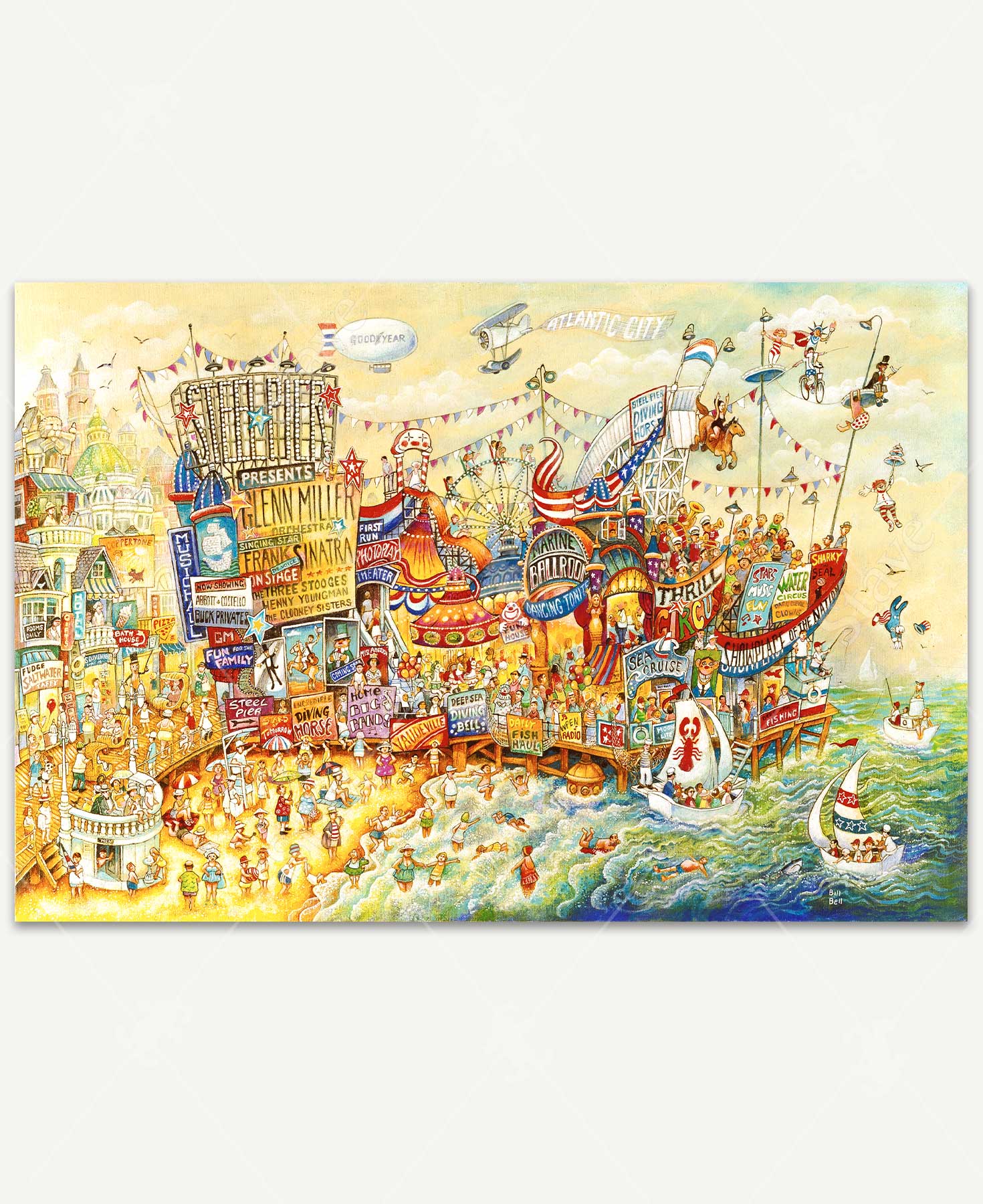 Steel Pier Memories wooden jigsaw puzzle transports you to Atlantic City Beach, looking at the pier that is full of fun and entertainment. Carnival rides, the marine ballroom, a music hall, and a fun house are some of the attractions on the pier. People enjoy a dip in the water and sitting on the beach while others go on sailboat rides.