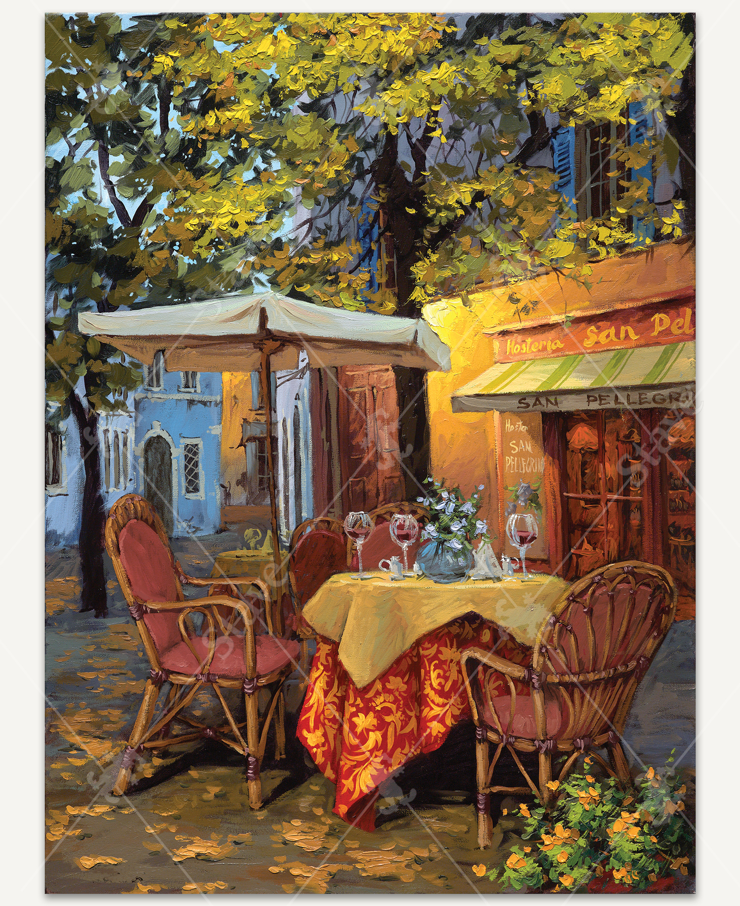 Piazza di Viterbo wooden jigsaw puzzle captures two dining tables set up with table clothes, flowers, and wine glasses outside of a restaurant in Europe. A tree's branches stretch over the scene, with fallen leaves spread along the walkway.
