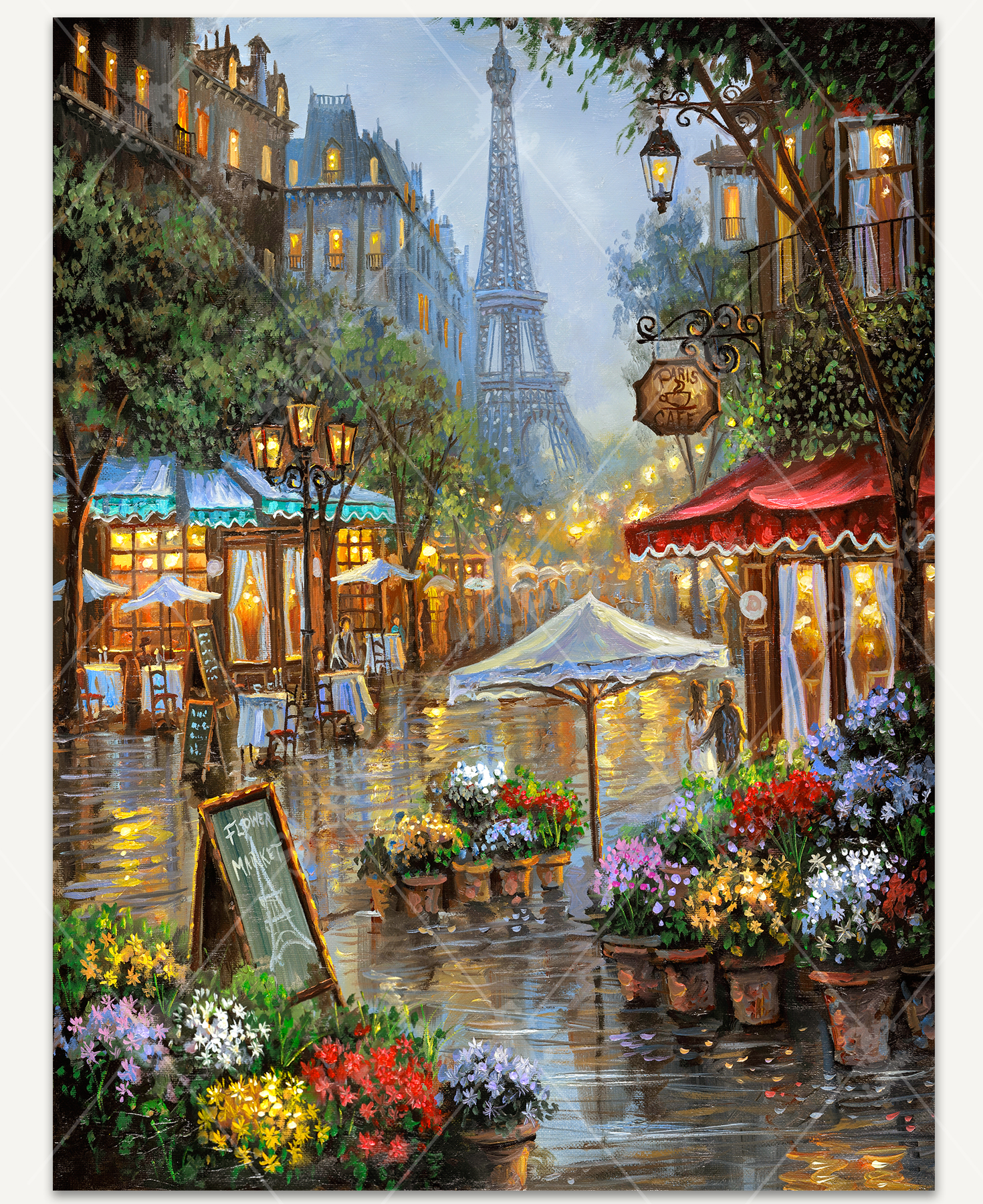 Spring Flowers, Paris wooden jigsaw puzzle unveils a rainy evening on the streets of Paris in front of a flower market. Bouquets are displayed outside the shop, adding color and life to the scene. Bright lights from the street lamps and restaurant across the walkway lead your eyes toward the center of the image, where you will find the Eiffel Tower peeking out from behind a building.