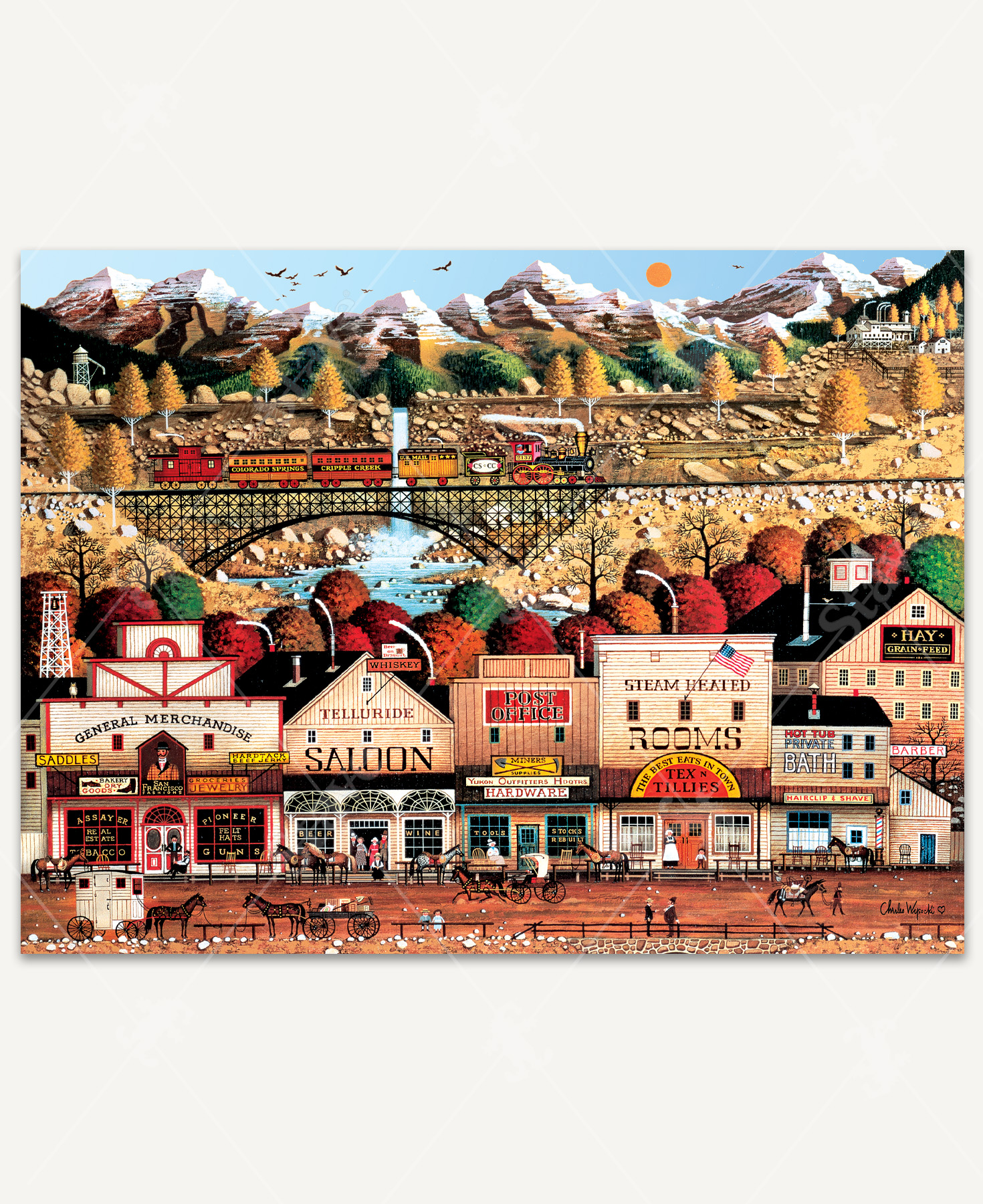 Sleepy Town West wooden jigsaw puzzle introduces a small western town that has a general store, saloon, post office and more. People ride on horse back or carriage throughout the town, parking them in front of the shops. Up the hill, a train is driving over a bridge, with mountains and a waterfall off in the distance.