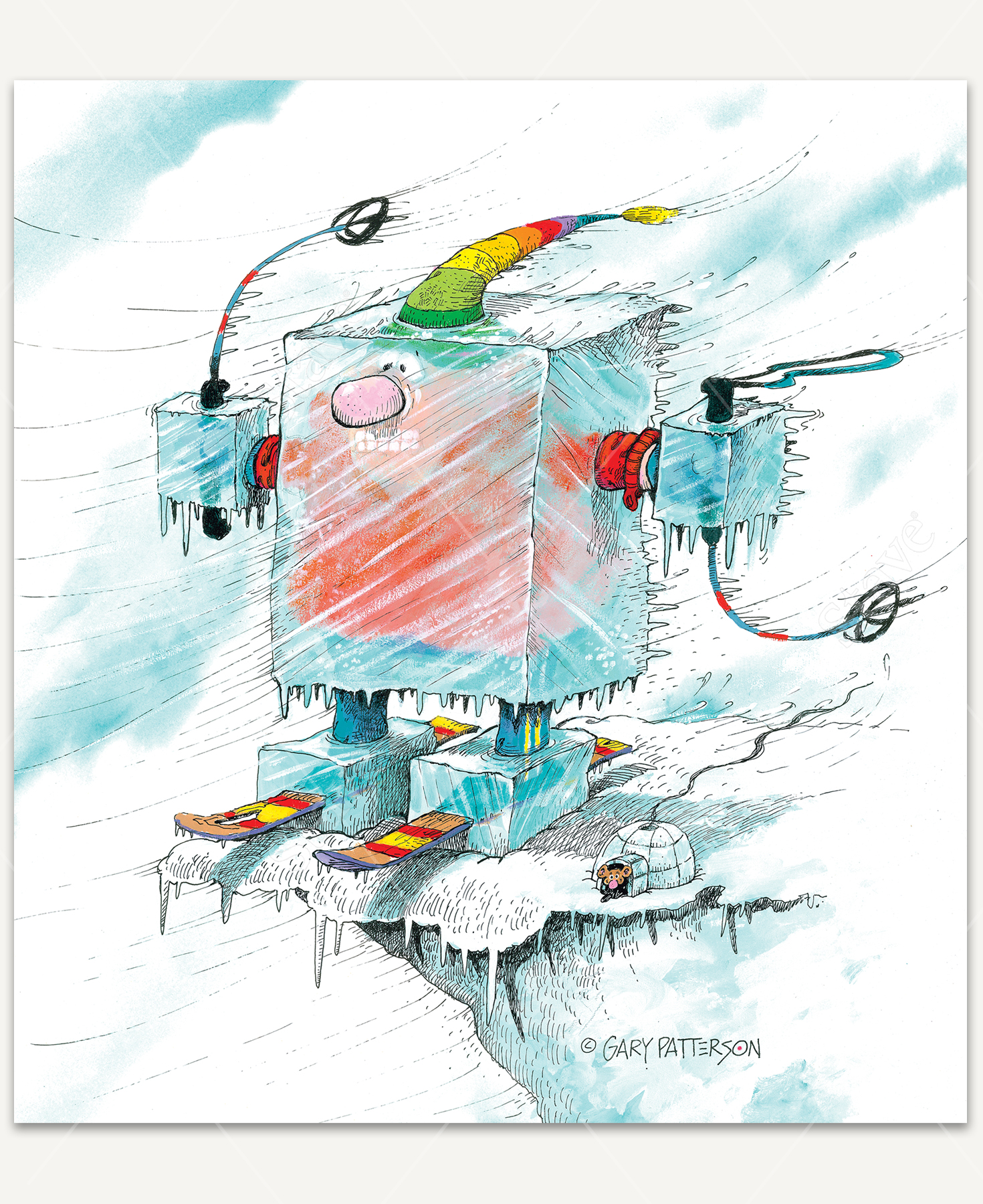 Windchill wooden jigsaw puzzle displays a person standing on the edge of a mountain frozen into an ice cube. Their hands and feet have ice cubes formed around the skis and poles as the cold wind blows. A little mouse pokes its head out of an igloo next to the skier's feet.