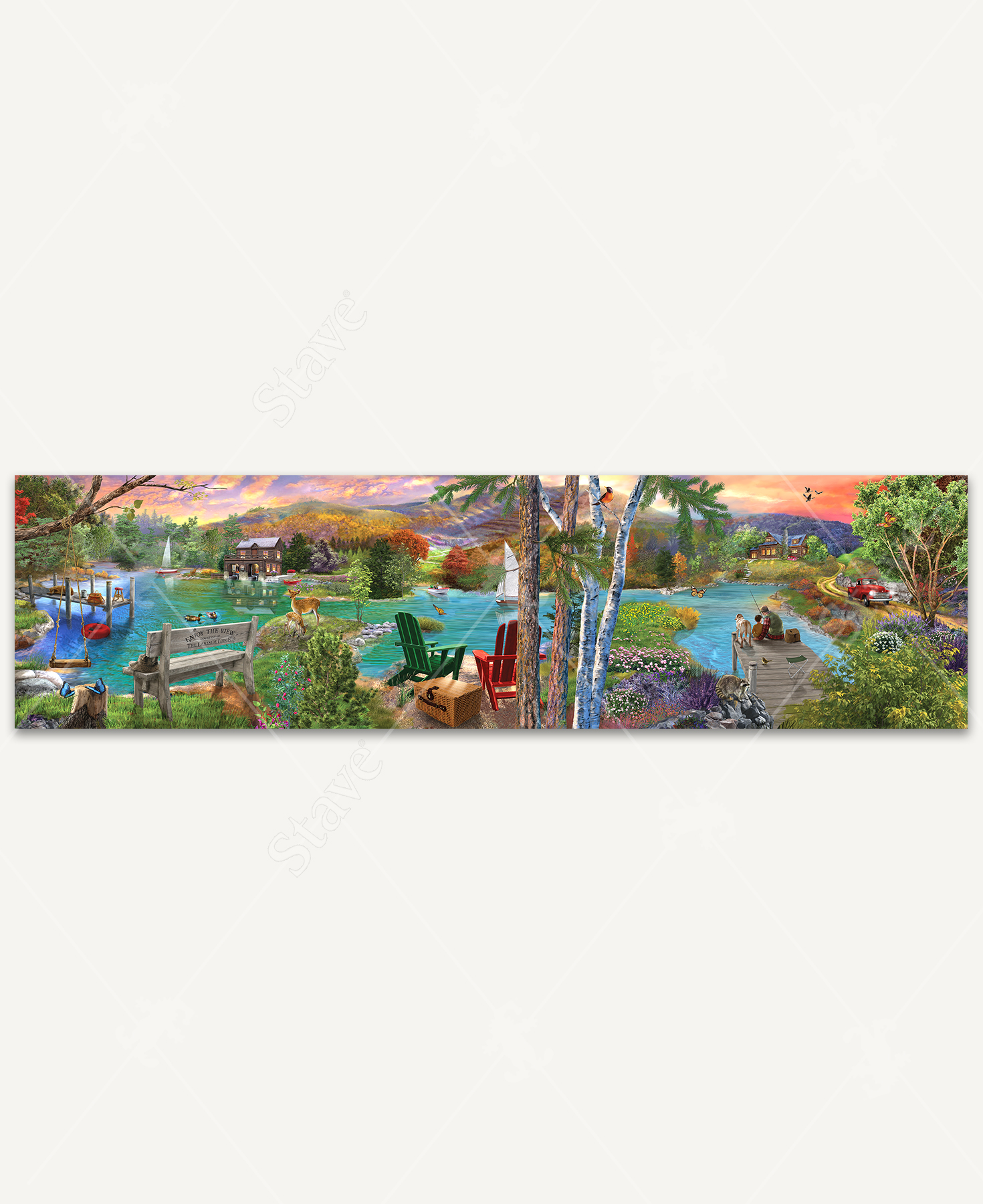 Lakeside Panorama wooden jigsaw puzzle captures an Autumn scene of cabins up in the mountains with a lake front view. The image captures different leisure activities, such as a tree swing, sail boats, picnic basket in between adirondack chairs, a father and son fishing on a dock with their canine, and an old pickup truck driving along a dirt road. Wildlife is spread through the scene from deer to butterflies and racoon to birds.