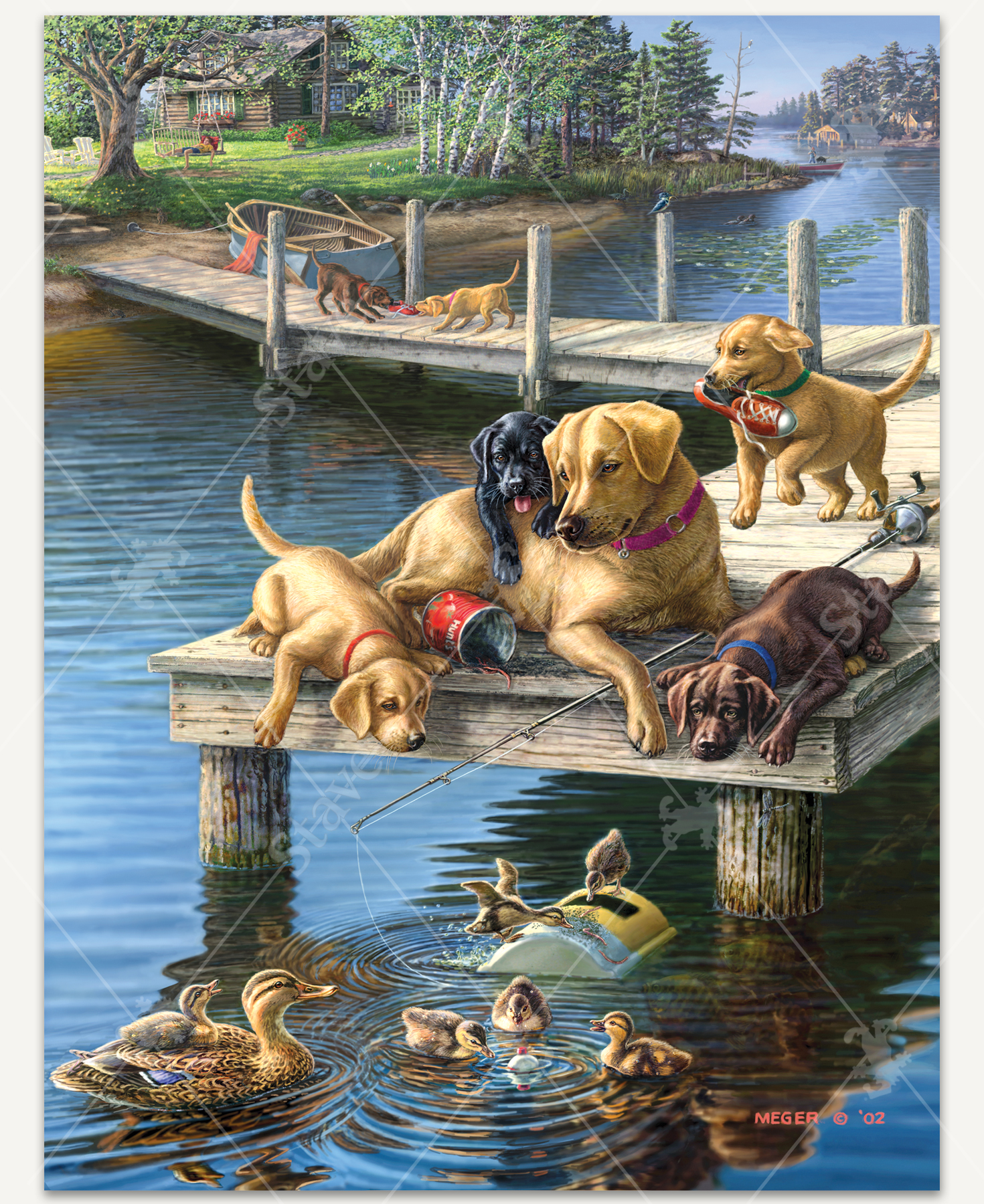 Summer School wooden jigsaw puzzle invites viewers to a dock on the lake, where a family of pups and their mom enjoy the outdoors. Three puppies lay with their mom on the end of the dock, as they go fishing. A duck and her ducklings curiously swim up to the bobber floating in the water and try to eat the worms. Three other puppies are enjoying their time playing with their owners shoes, who is fast asleep on a swing bench in the background by their cabin.