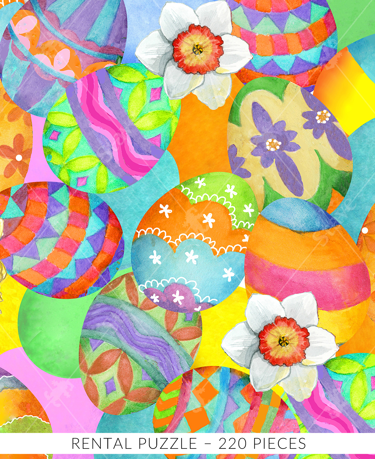 Close-up of Tossed Eggs wooden jigsaw puzzle featuring vibrant pile of Easter eggs, all with different colors and patterns. Three daffodils are scattered within the eggs, adding to the spring feel.