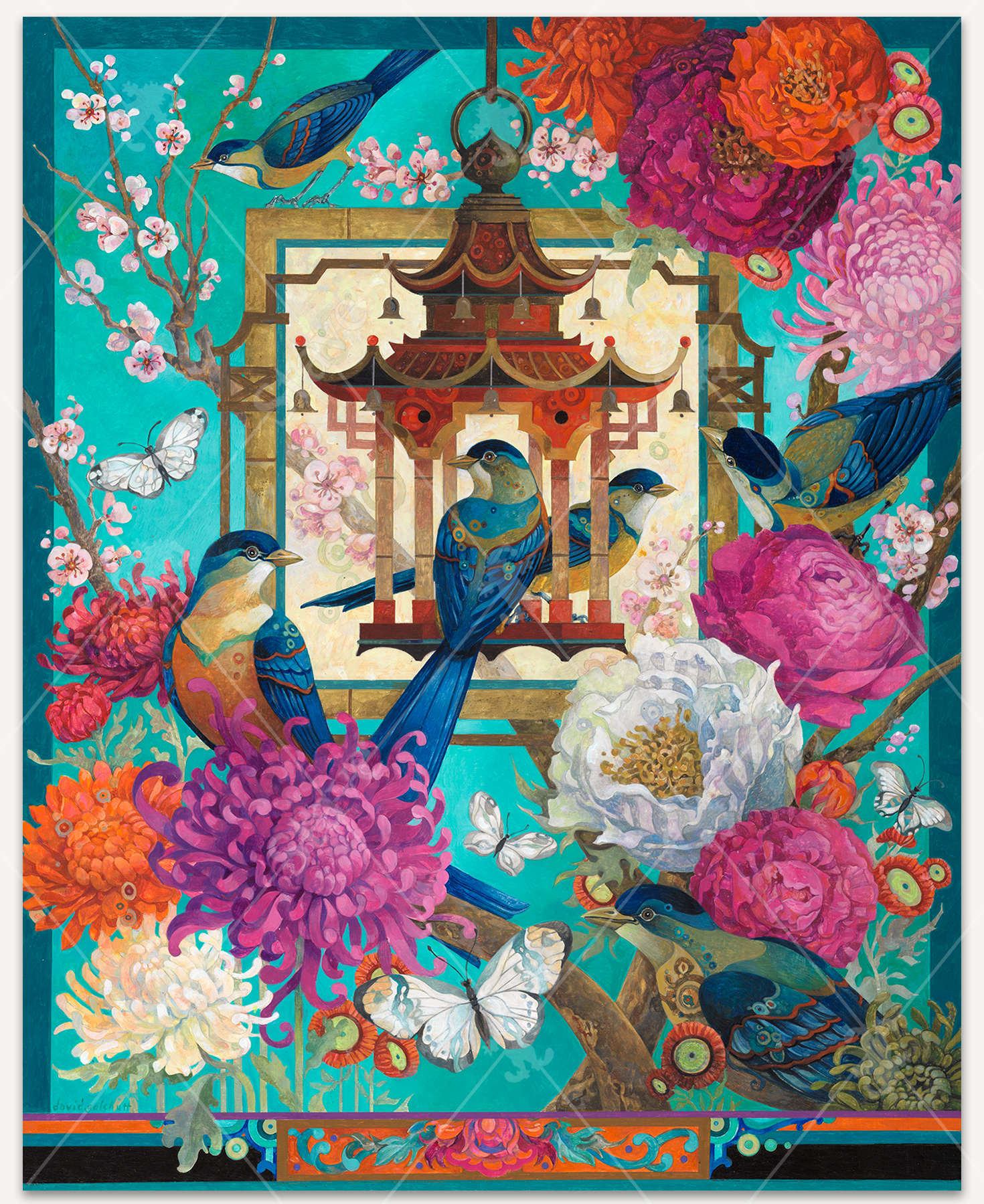 The Asiatic Garden wooden jigsaw puzzle shows an Asian style birdhouse in a flower garden full of peonies, cherry blossoms, and chrysanthemums. Blue birds are scattered throughout the scene, sitting on branches and in the birdhouse.