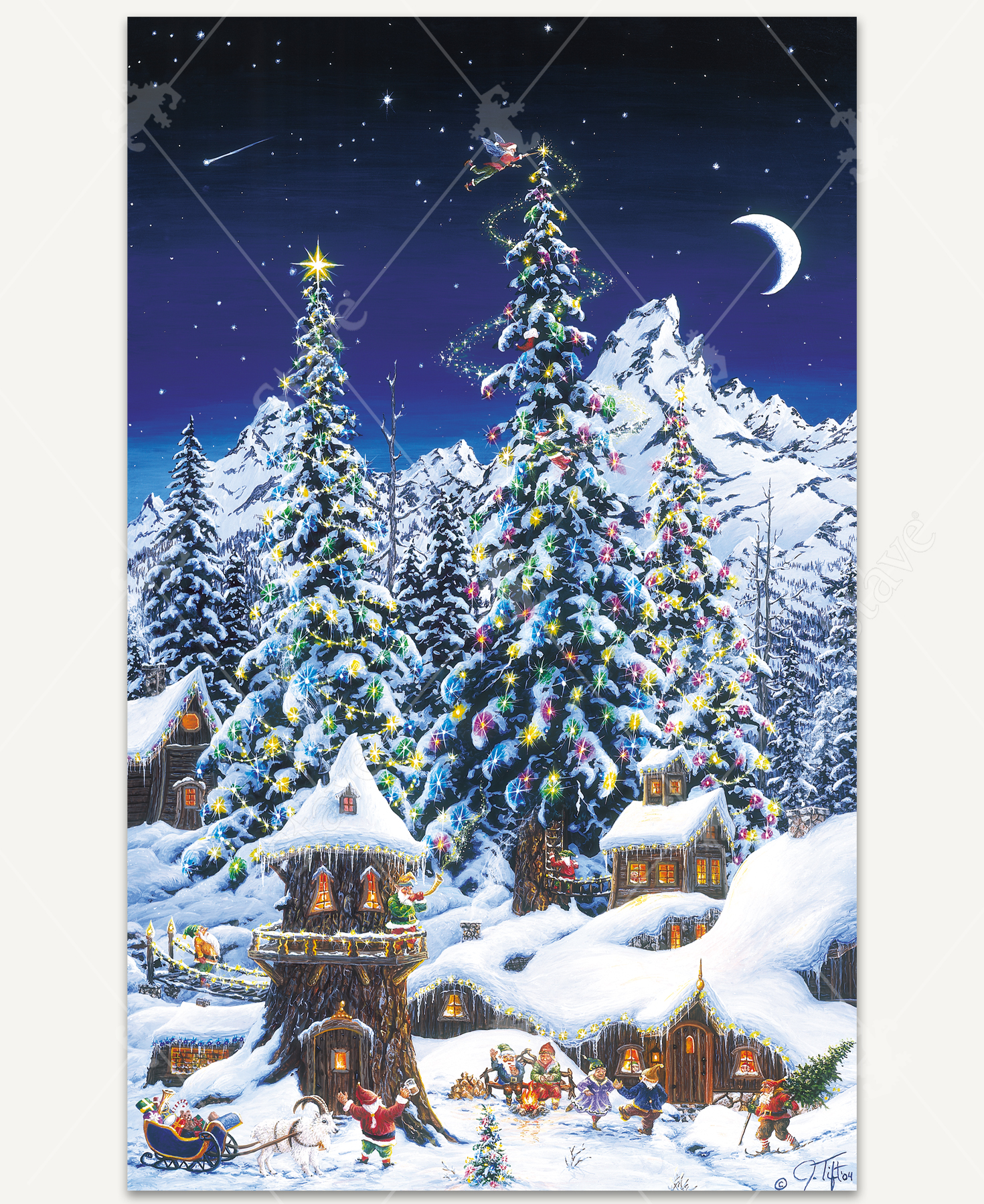 Christmas With The Elves wooden jigsaw puzzle unveils elves sitting by a fire, dancing, and enjoying a drink outside their tree trunk homes. Tall evergreen trees are decorated with colorful Christmas lights as a flying elf  lights the star at the top. Snow covered mountains stretch toward the night sky with the moon and stars twinkling above.