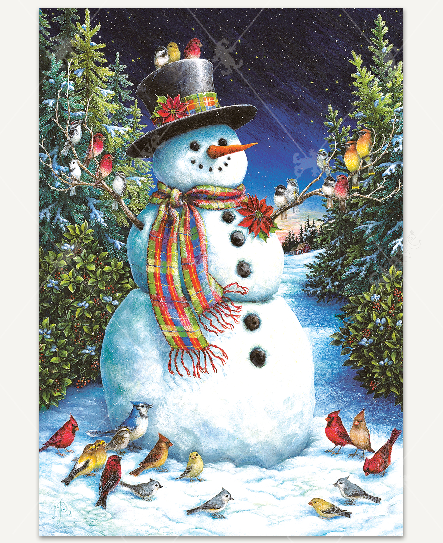 Feathered Friends wooden jigsaw puzzle features a happy snowman wearing a plaid scarf and top hat, with small birds perched on its stick arms. More birds sit around the snowman in the snow. Christmas trees and holly shrubs frame either side of the image, with stars in the night sky above.
