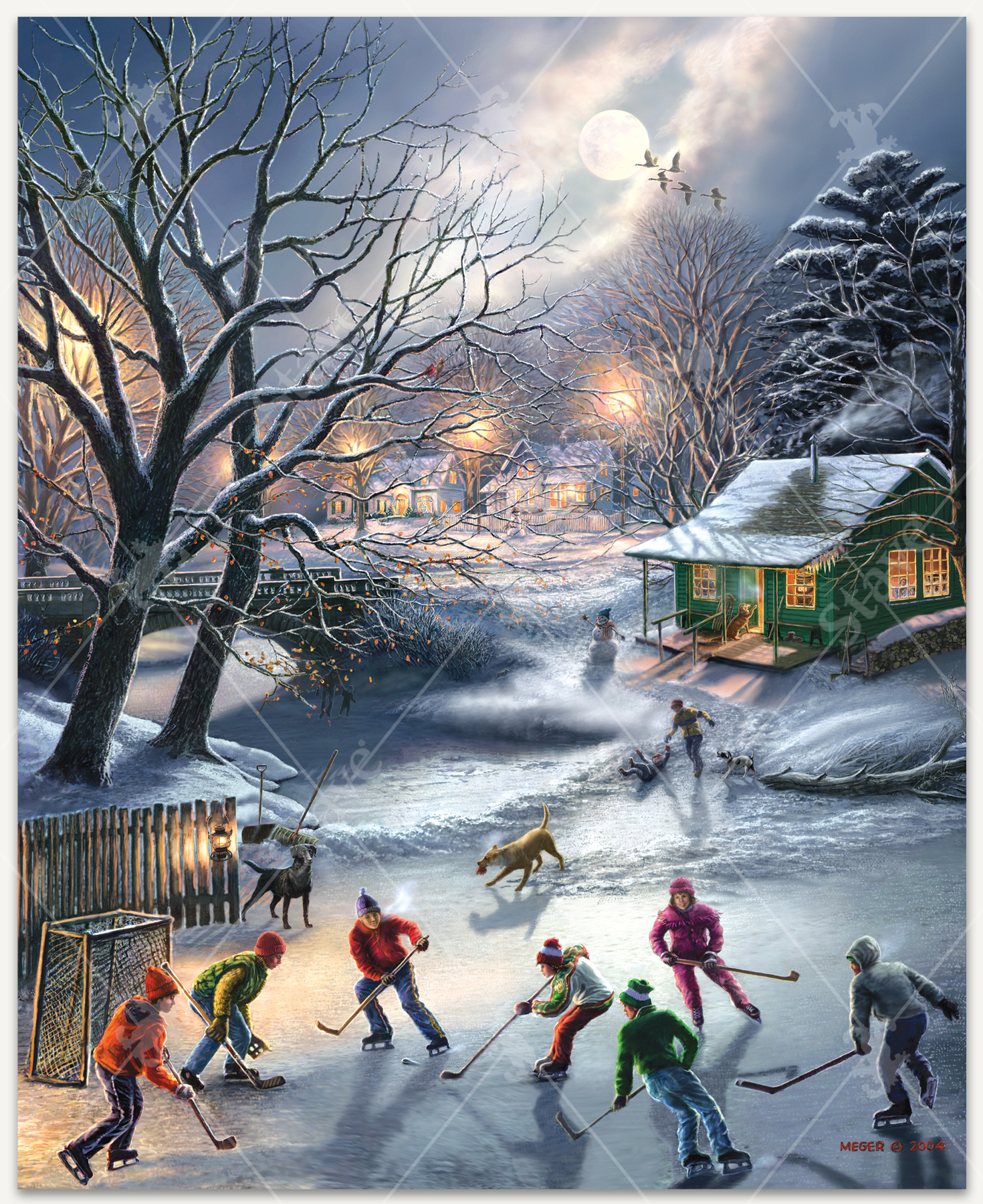 The Warming House wooden jigsaw puzzle illustrates an evening out on the frozen pond, where a group of children are enjoying a game of ice hockey. Two kids make their way over to join the game, with their canines following along. Street lights and houses add warm lighting to this chilly winter scene, with the moon glowing brightly above.