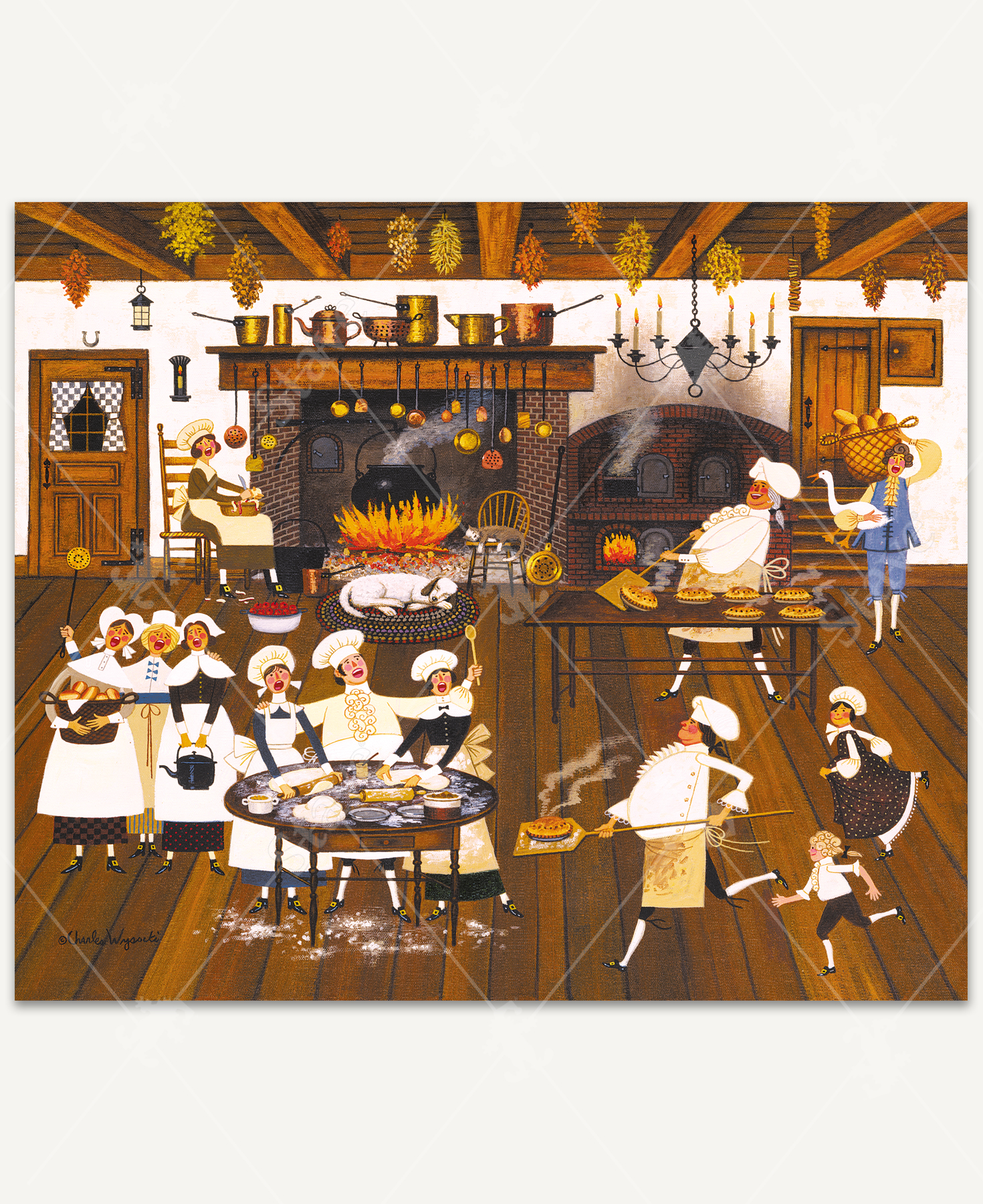 Singing Piemakers wooden jigsaw puzzle presents a kitchen of happy bakers singing a song as they make pies. A lady sits in a chair peeling apples by the fireplace as a dog takes a nap in front of the fire. Three bakers gather around a round table to roll out dough. Two bakers use peels to take hot pies out of a brick oven.