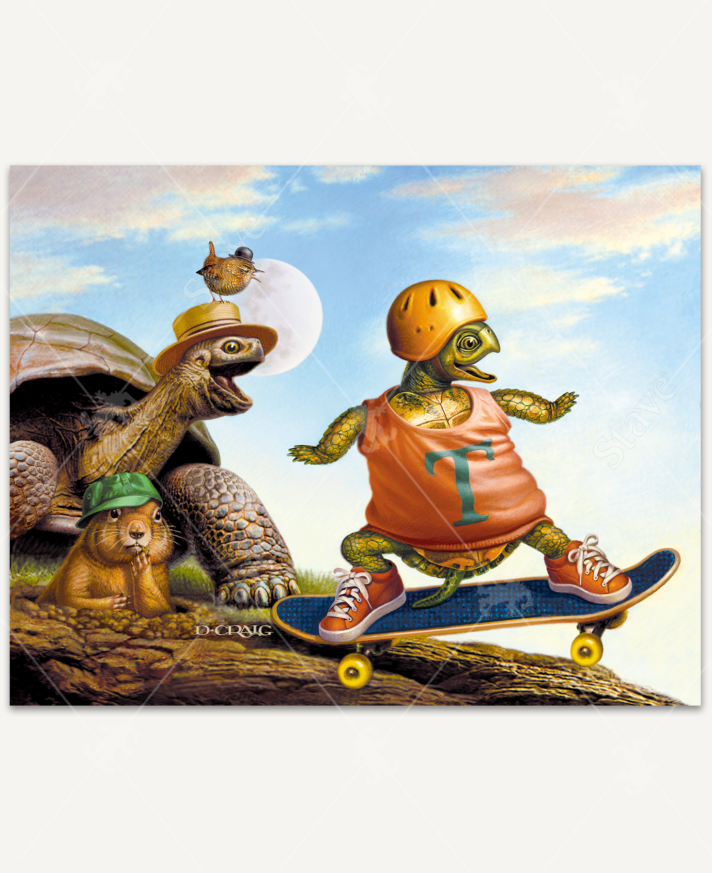 Turtle & The Hare wooden jigsaw puzzle shows a turtle wearing a tank top and helmet as he rides a skateboard down a hill. A tortoise and bird cheer on the turtle as a gopher pokes its head out of its burrow with a worried expression.