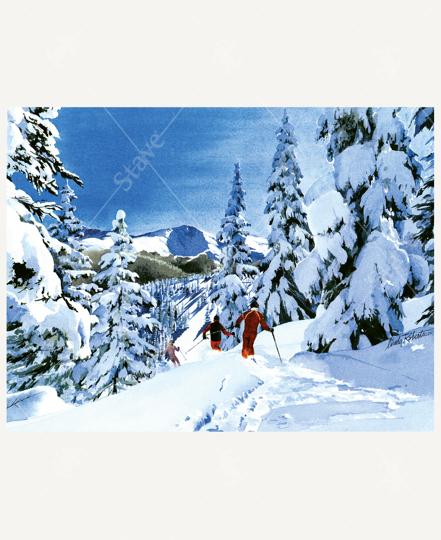 Winter Park, Colorado wooden jigsaw puzzle reveals three skiers traveling down the mountain with their ski poles in hand through the thick snow. They follow a path between the tall snow covered evergreen trees. The sun shines down on the mountain range in the bright blue sky.