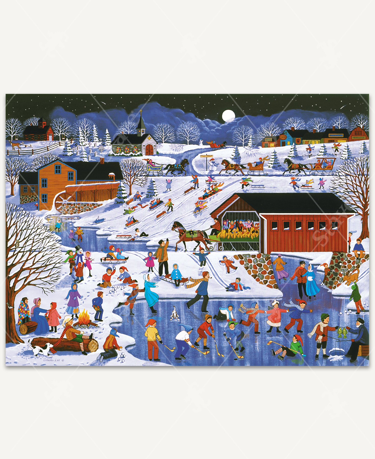 More Snow Coming wooden jigsaw puzzle reveals adults and children enjoying a snowy night outside, playing ice hockey on a frozen pond, sledding down the hill, and sleigh rides through the village.