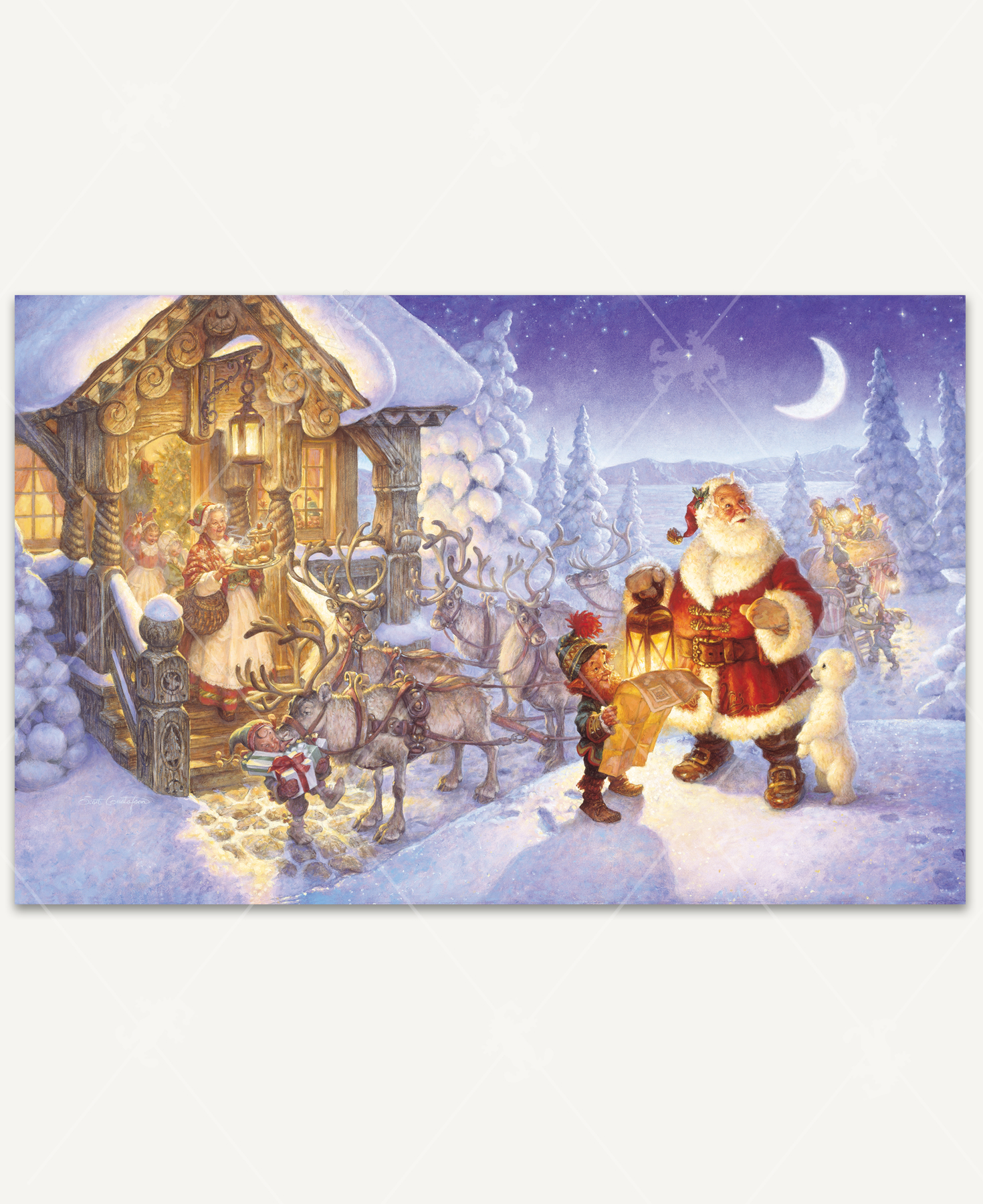 Santa Claus wooden jigsaw puzzle features Santa looking up at the moon as he stands next to a baby polar bear and an elf looking at a map. Behind them, reindeer get reined to the sleigh and elves load presents. Mrs. Claus steps out of a warmly lite cabin with a tray of milk and cookies.