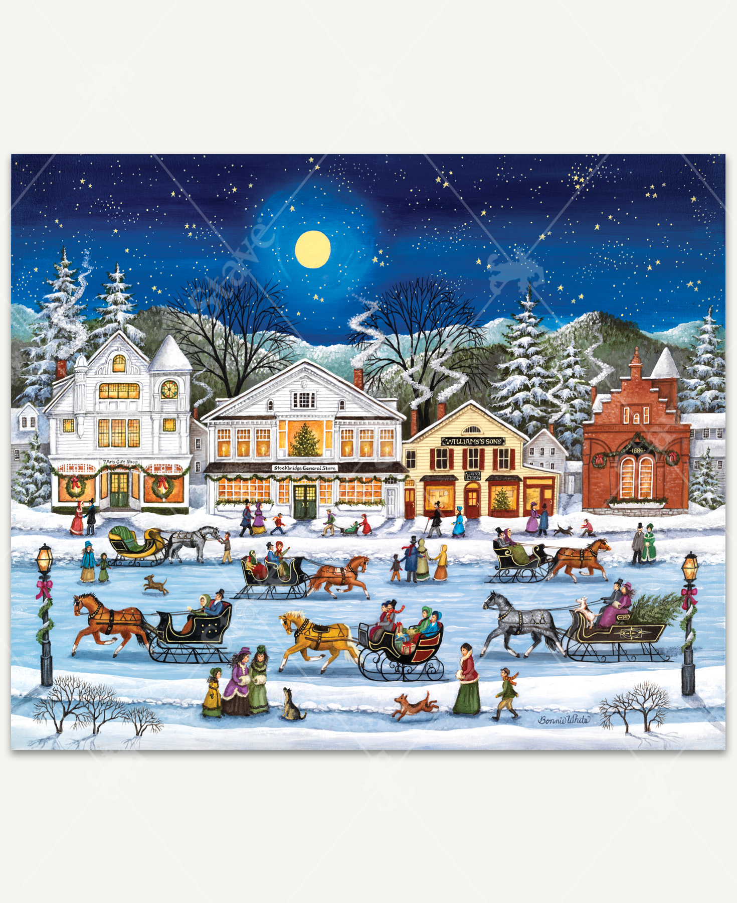 Sleigh Riding In Stockbridge wooden jigsaw puzzle displays a quaint victorian village within the mountains. The moon shines down on a frozen pond where people gather for sleigh rides and shop the local stores.