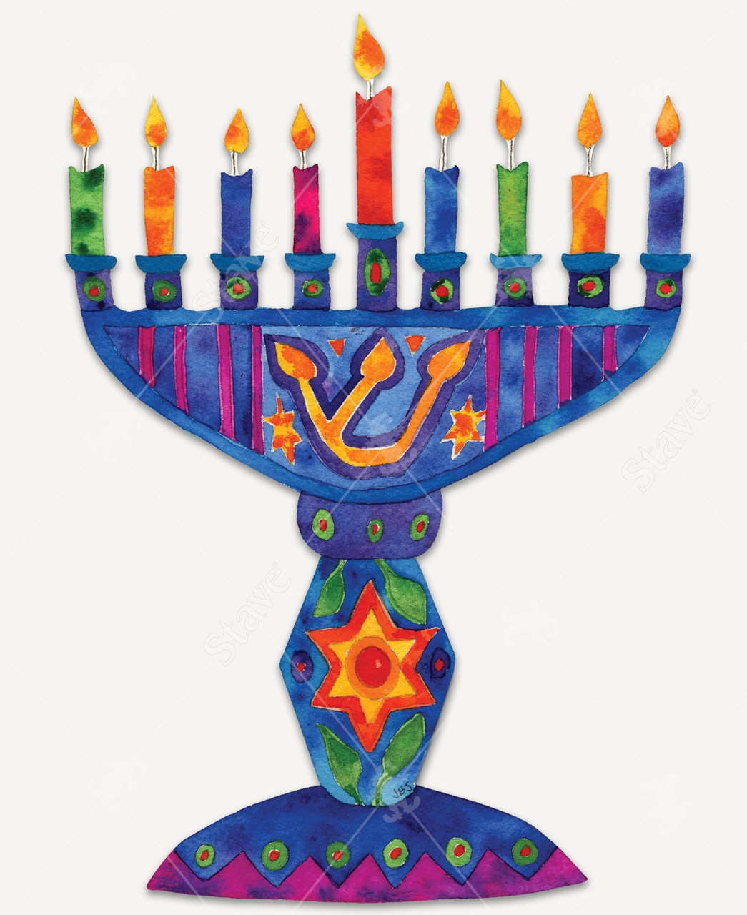Lights Of Life wooden jigsaw puzzle presents a blue Chanukiah holding nine colorfully lite candles. The center of the Chanukiah has the Hanukkah  symbol "shin" with a star on each side. The Star Of David and leaves are painted on the stem of the candelabrum.
