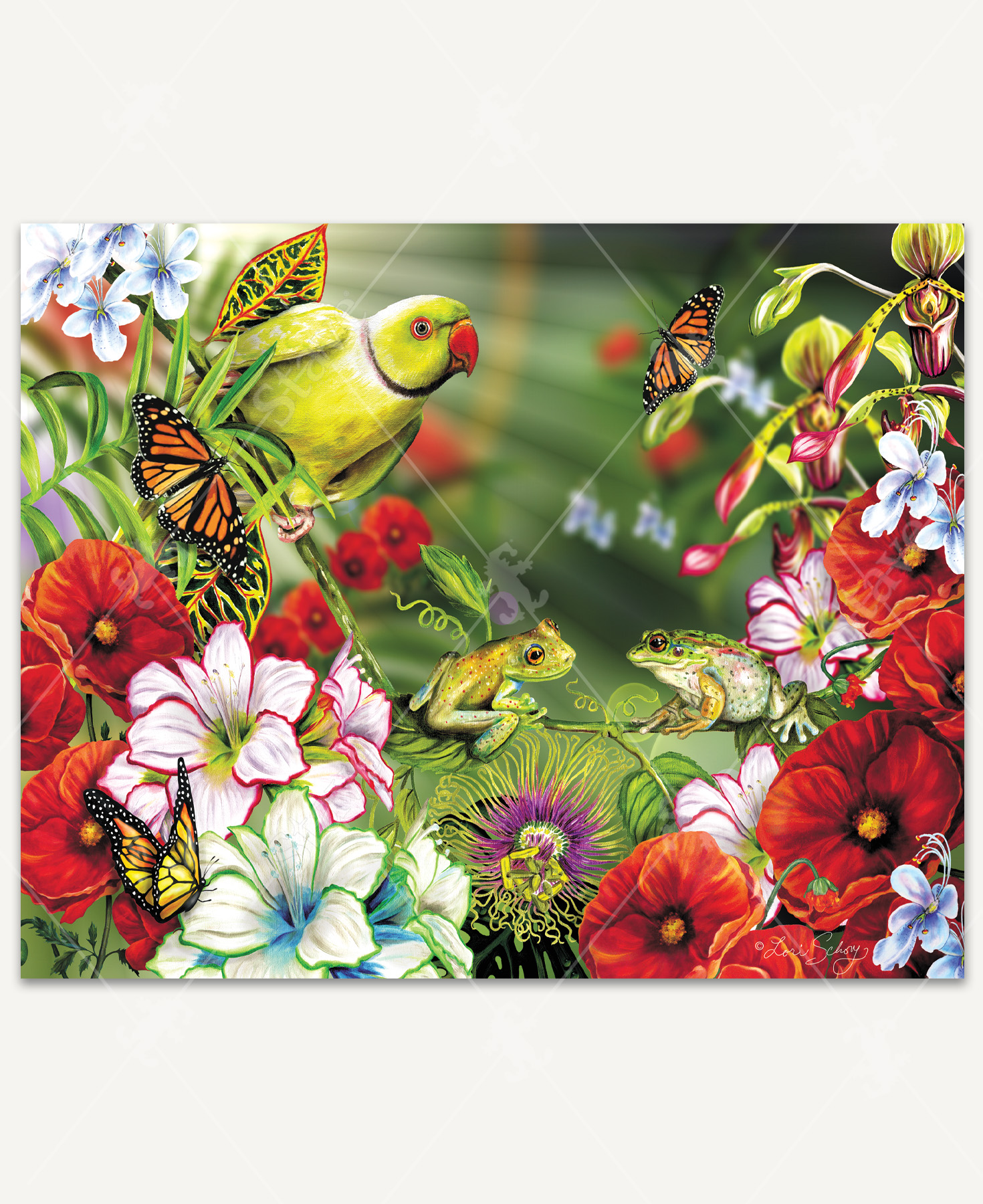Tropic Love wooden jigsaw puzzle reveals two frogs sitting together on a flower stem. A green parrot watches the two frogs as monarch butterflies flutter from flower to flower. Red poppies, clerodendrum ugandense, and lillies blossom around the the scene.
