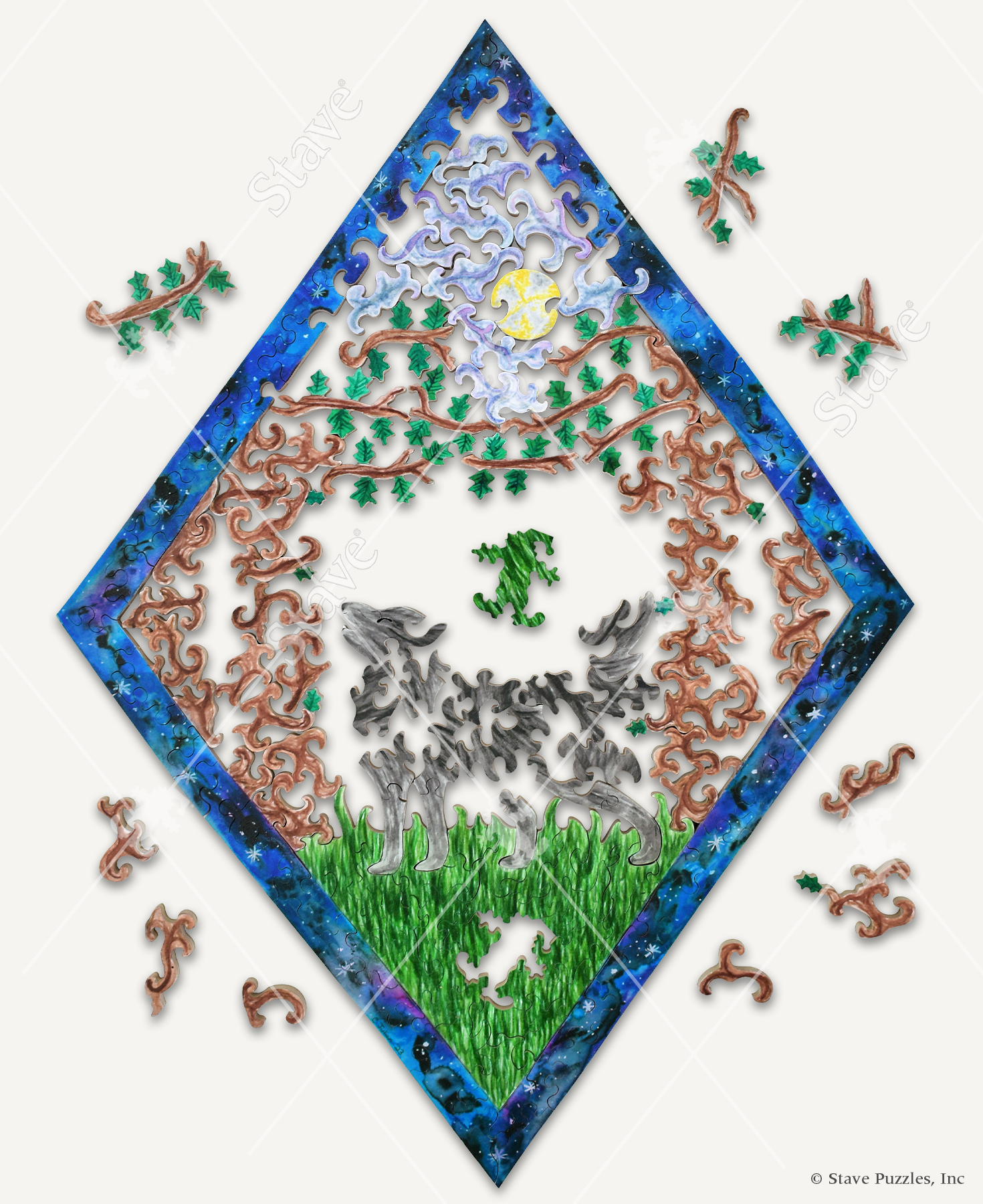 Diamond In The Ruff wooden jigsaw puzzle features a wolf standing between trees as it howls at the moon.