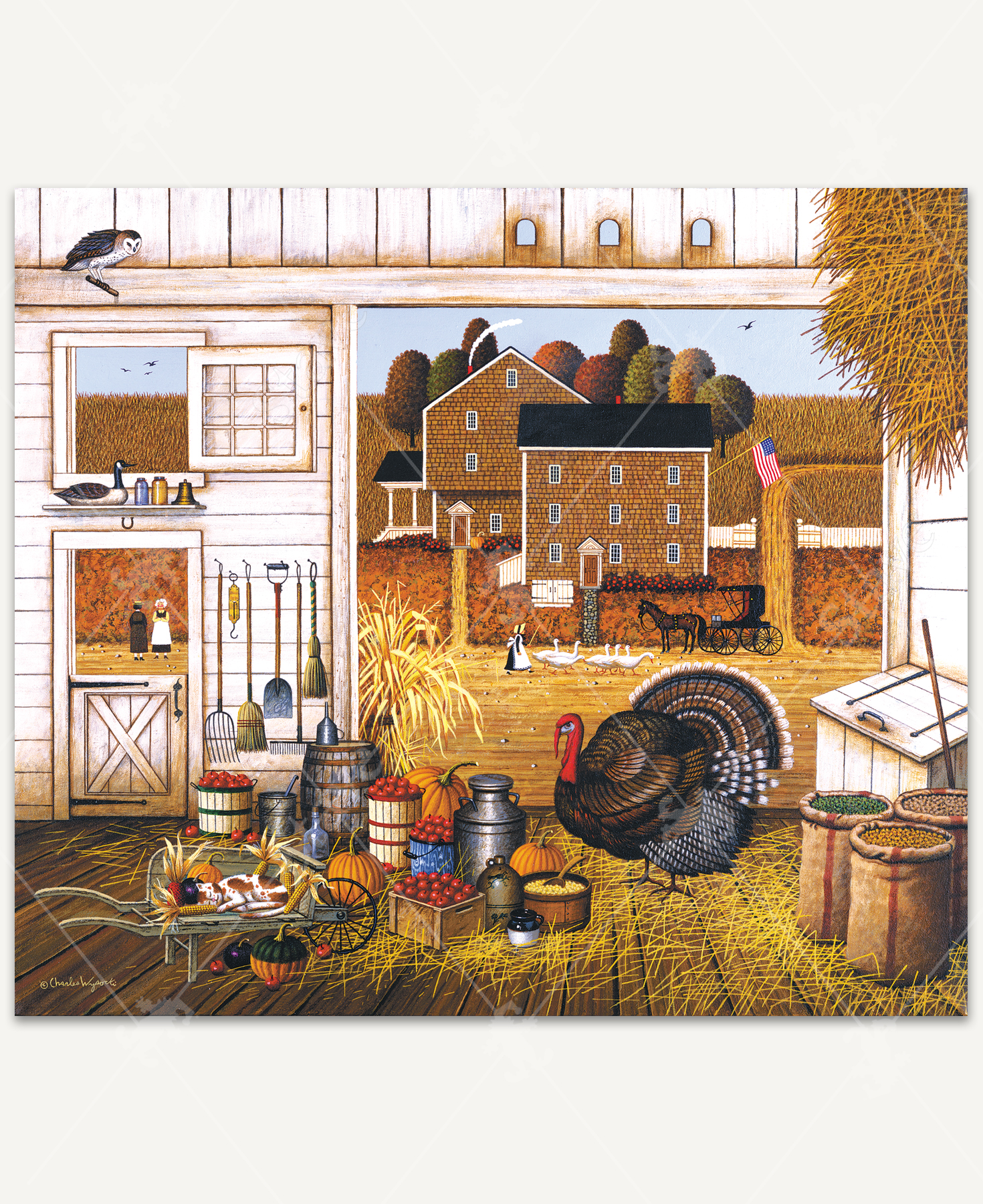 Turkey In The Straw wooden jigsaw puzzle displays a turkey standing inside a barn next to buckets of apples, pumpkins, a milk jug, and burlap sacks of grain. The open hay door leads out to a dirt road with a house and corn field across the road. A lady herds her geese down the road.