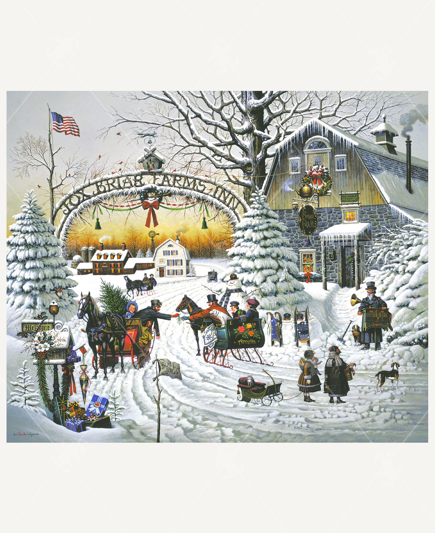 Christmas Greeting wooden jigsaw puzzle captures a winter scene outside the "Fox Briar Farms Inn," as two horse pulled sleighs stop to talk to one another. The man, heading in the opposite direction, leans over to hand the couple going towards the inn a sprig of mistletoe.