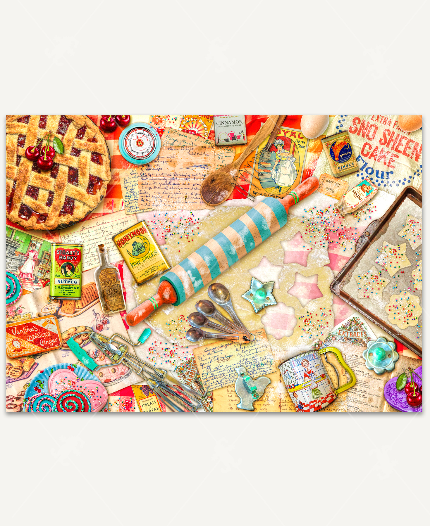 Vintage Baker wooden jigsaw puzzle displays a flat surface covered in baking supplies, ingredients, recipe cards, and baked goods.