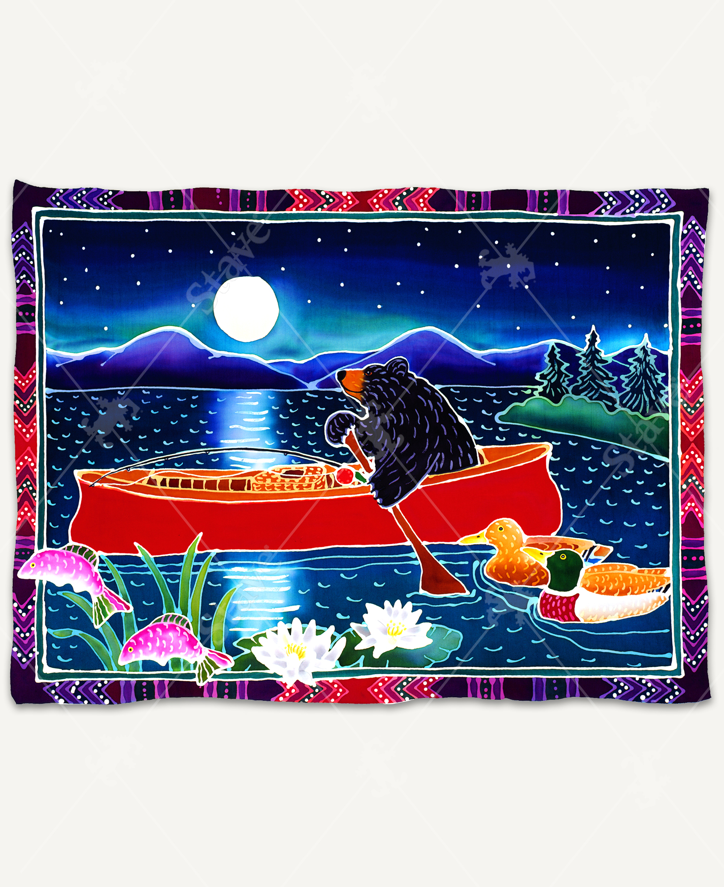 Catching The Moon wooden jigsaw puzzle presents a black bear paddling a red canoe around a lake with a fishing pole by its side. Two ducks swim along the boat as two pink fish jump out of the water among the lily pads. The moonlight glistens down on the water as it shines over the mountains.