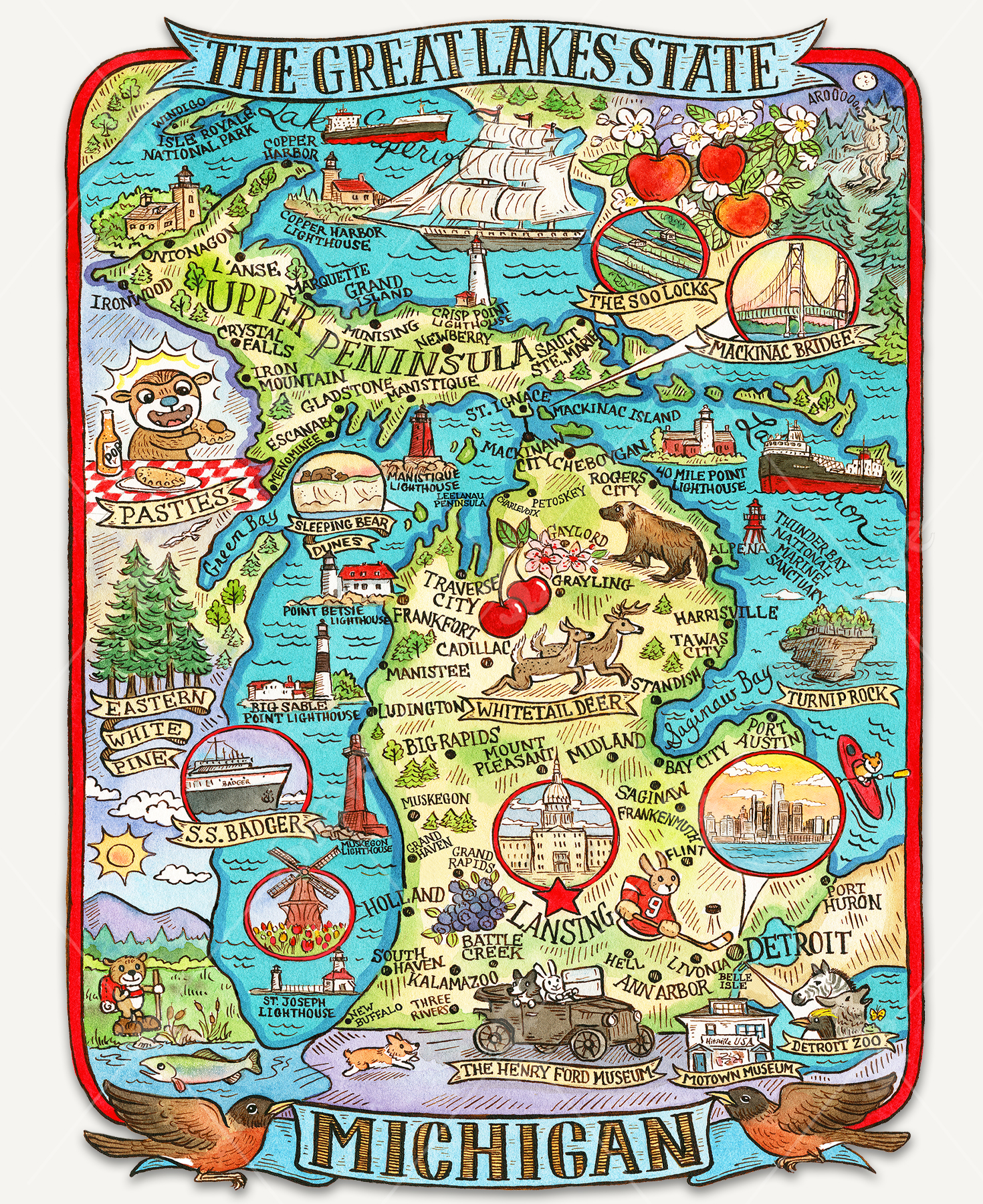 Michigan, USA wooden jigsaw puzzle features a map of the state, filled with sites to see and all the things Michigan is known for. The map is decorated with small scenes of animals enjoying pasties, hiking along the river, visiting the Henry Ford Museum, and so much more.
