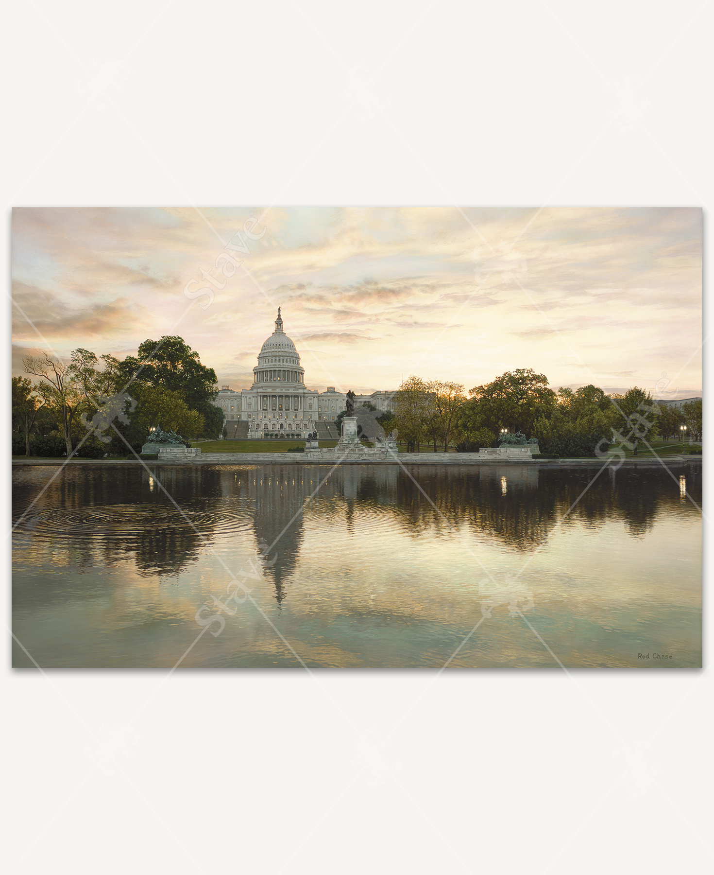 We The People wooden jigsaw puzzle shows the U.S. Capital during sunset, reflecting golden hues down into the water.