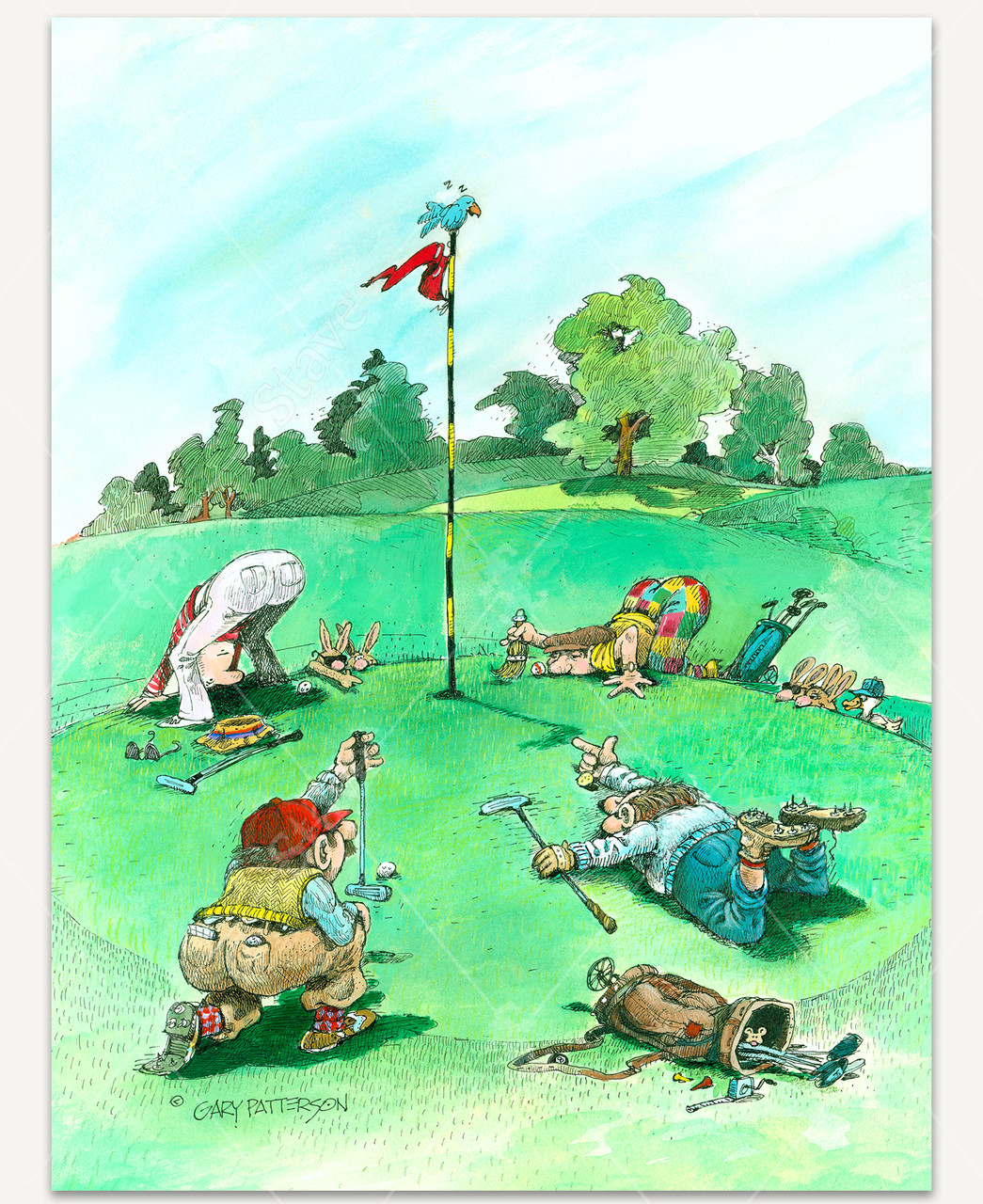 On The Green wooden jigsaw puzzle captures four golfers examining the green and measuring the distance of their golf balls to the cup. Four rabbits and a duck peek their heads over the hill to watch the game.
