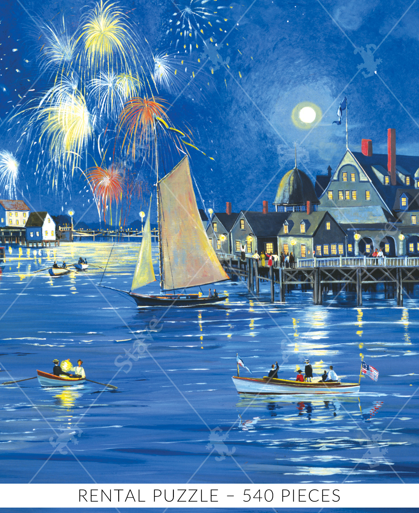 Close up of Fireworks On The River wooden jigsaw puzzle presenting a summer evening by a peaceful river as fireworks light up the sky, boats drift below, and lanterns float on the water—capturing the joyful magic of a small-town celebration.