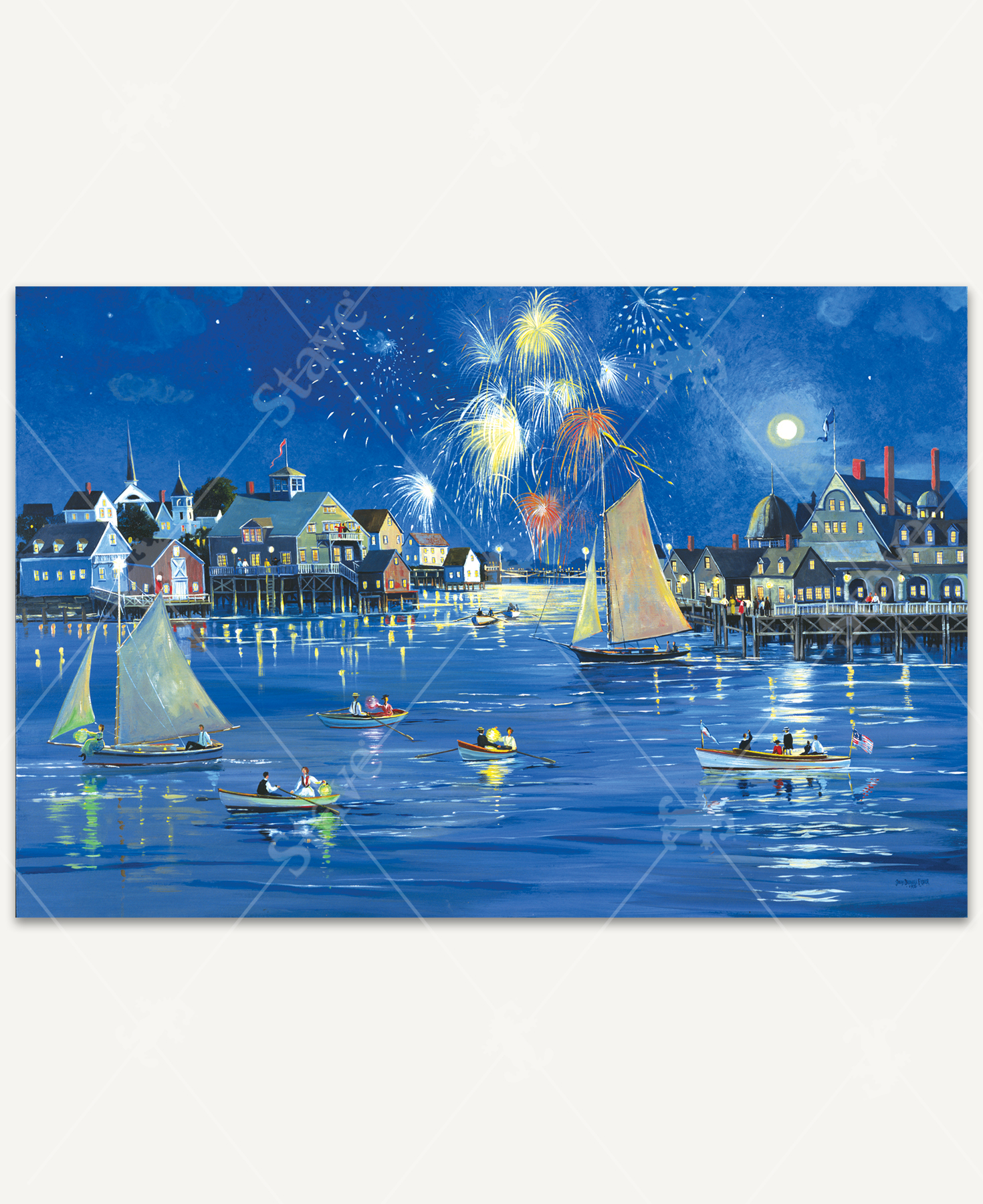 Fireworks On The River wooden jigsaw puzzle presents a summer evening by a peaceful river as fireworks light up the sky, boats drift below, and lanterns float on the water—capturing the joyful magic of a small-town celebration.