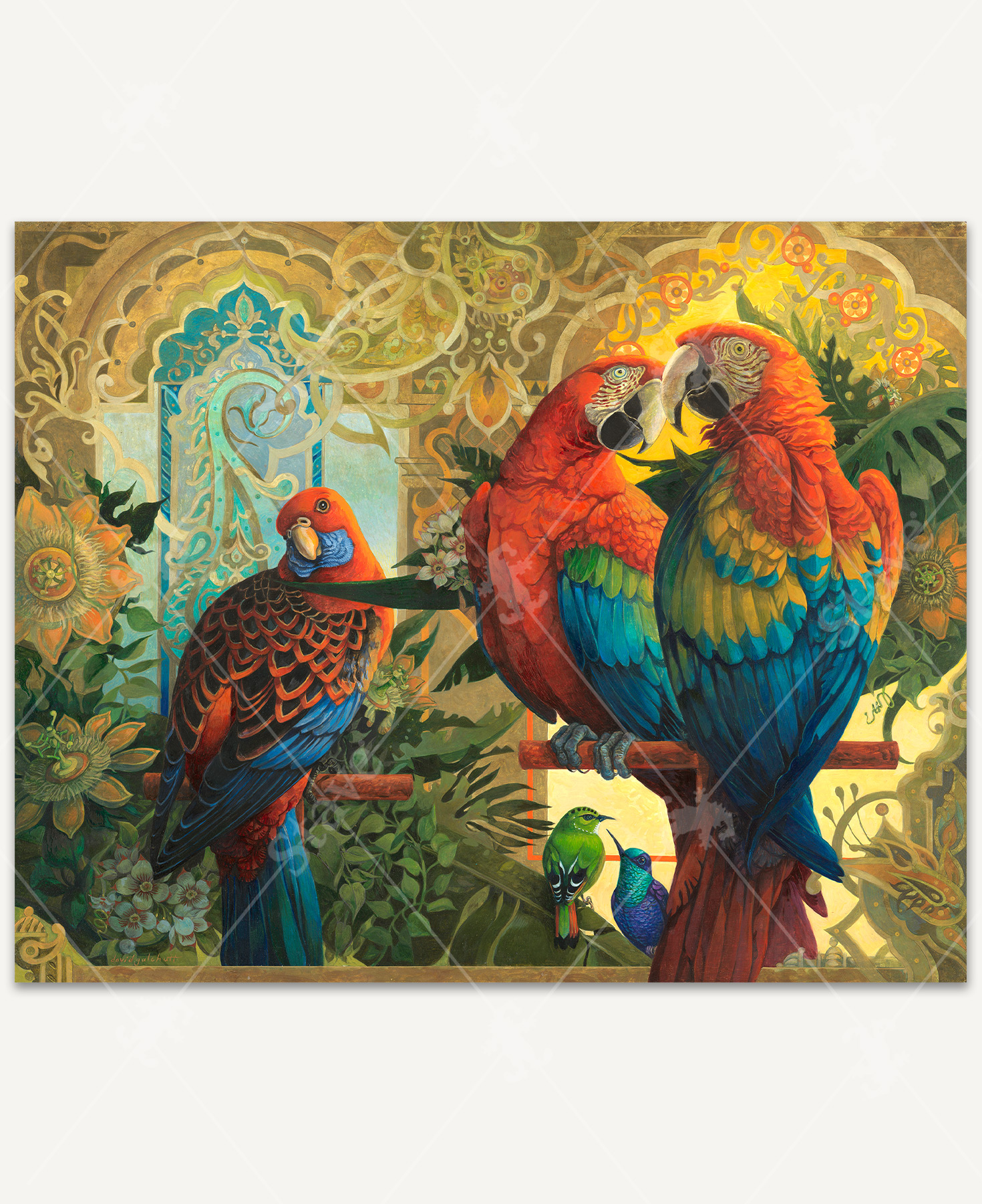 A vibrant tropical scene featuring two Scarlet Macaws, a Crimson Rosella, a Fire-tailed Myzornis, and a Violetear Hummingbird. The composition is filled with exotic flowers, lush greenery, and decorative gold and turquoise patterns.