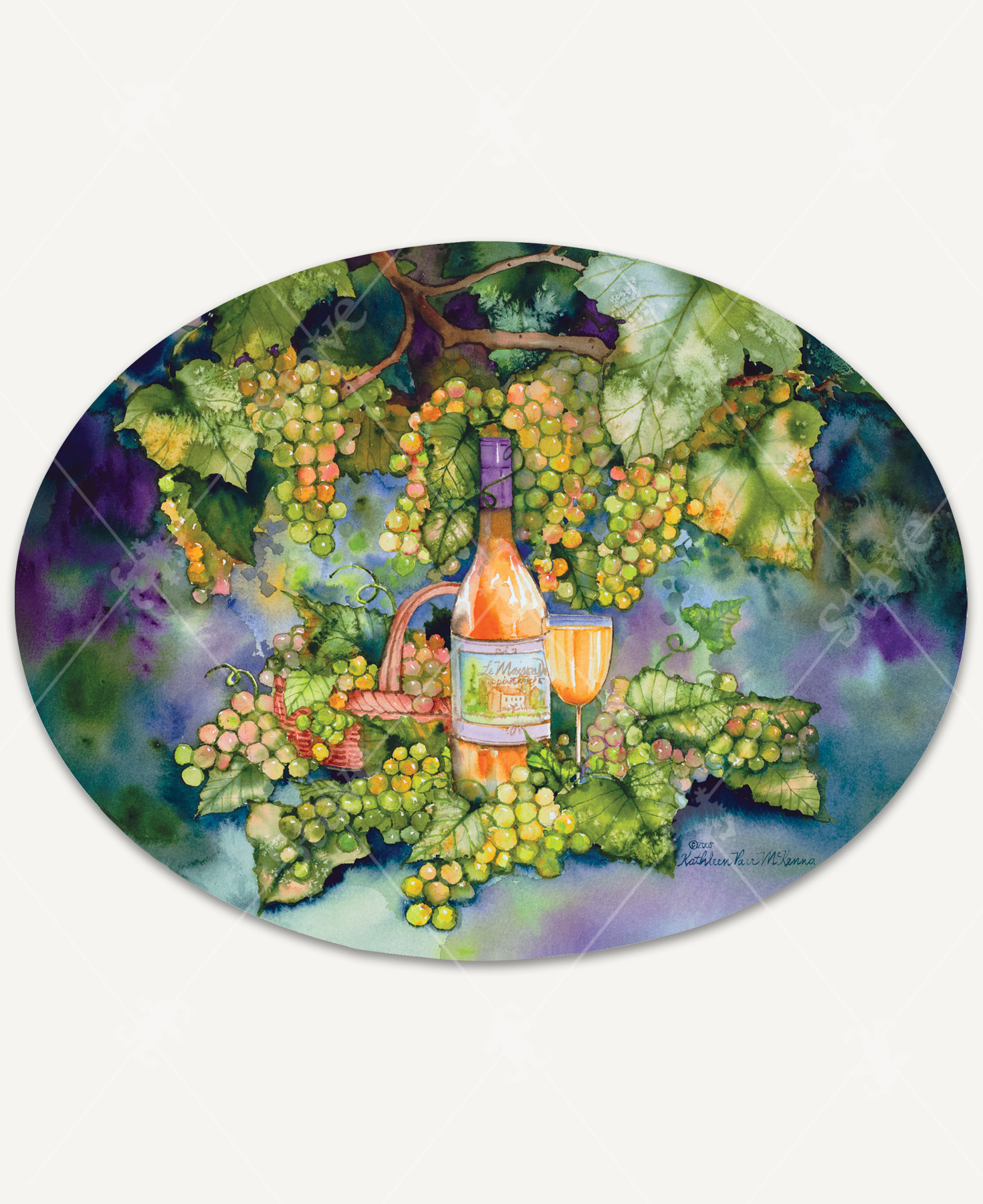 A vineyard-inspired scene with a bottle of wine, a tall glass of golden wine, and a basket of pale green grapes with blush highlights, capturing the warmth and serenity of a sunlit harvest moment.