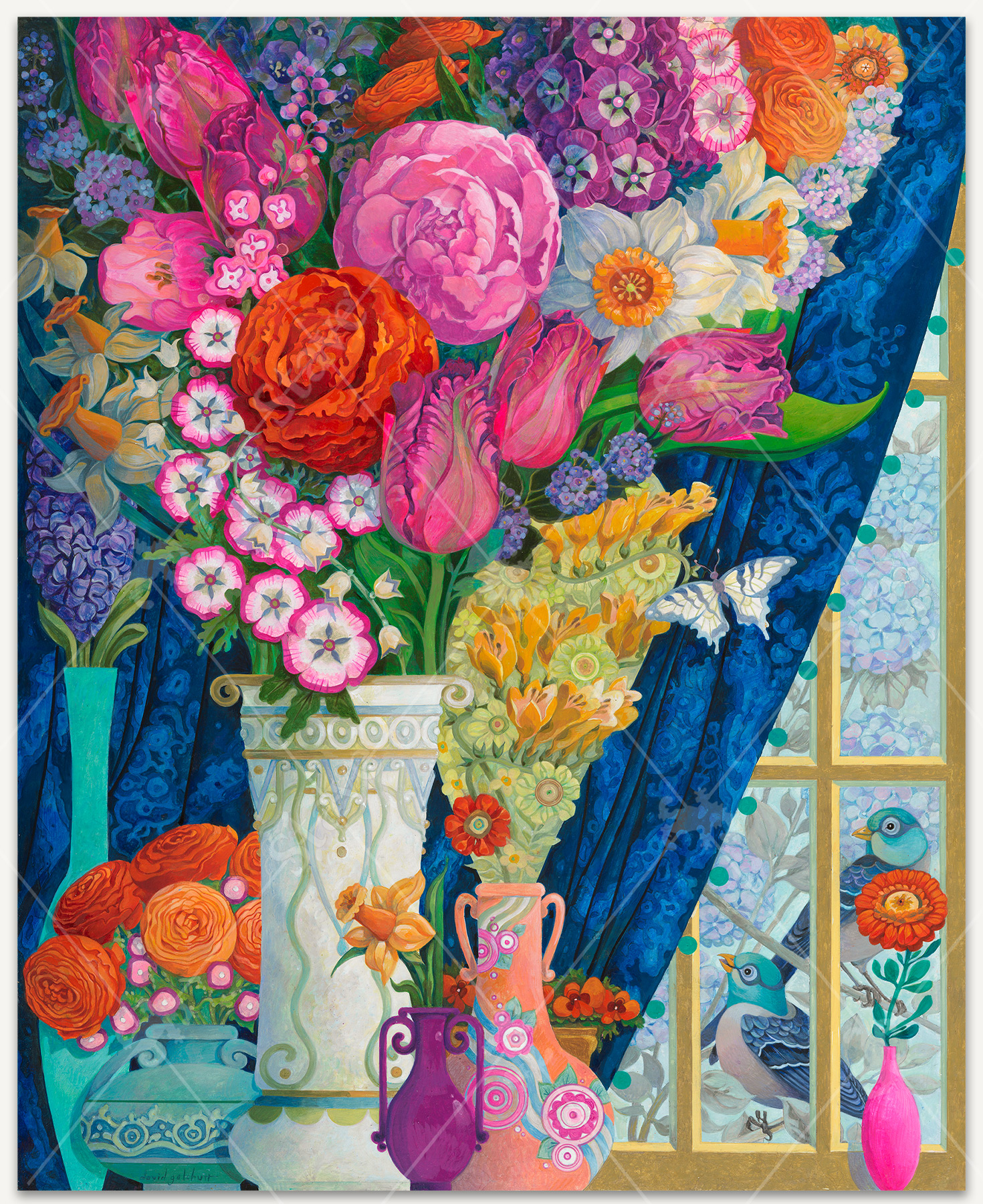 A vibrant floral arrangement fills the scene with a large bouquet of pink tulips, pink and red peonies, white daffodils, orange roses, and pink dianthus at the center. Four smaller vases of flowers surround the main bouquet. Two bluebirds peek in through a nearby window.