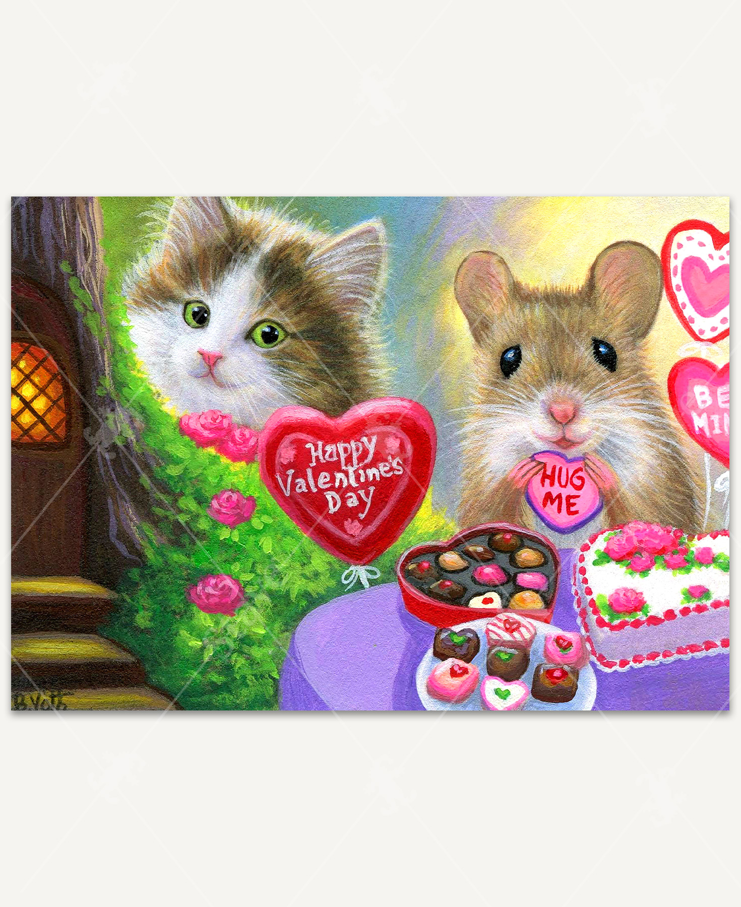 Playful Valentine’s Day scene with a mouse opening gifts, including a cake, box of chocolates, heart-shaped balloons, and a card, while a cat peeks from behind a rose bush to watch.