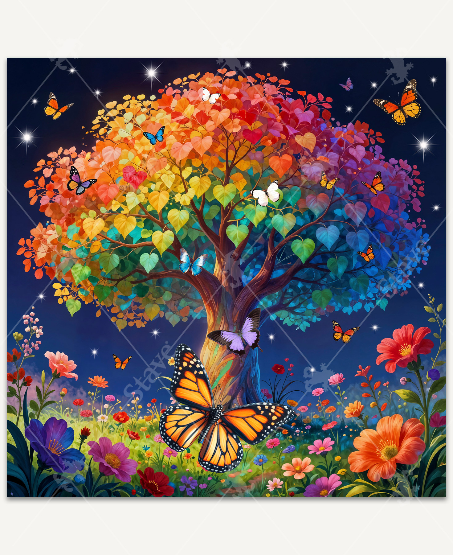 A whimsical tree with rainbow-colored leaves stands atop a sunny hill, surrounded by blooming wildflowers and colorful butterflies.