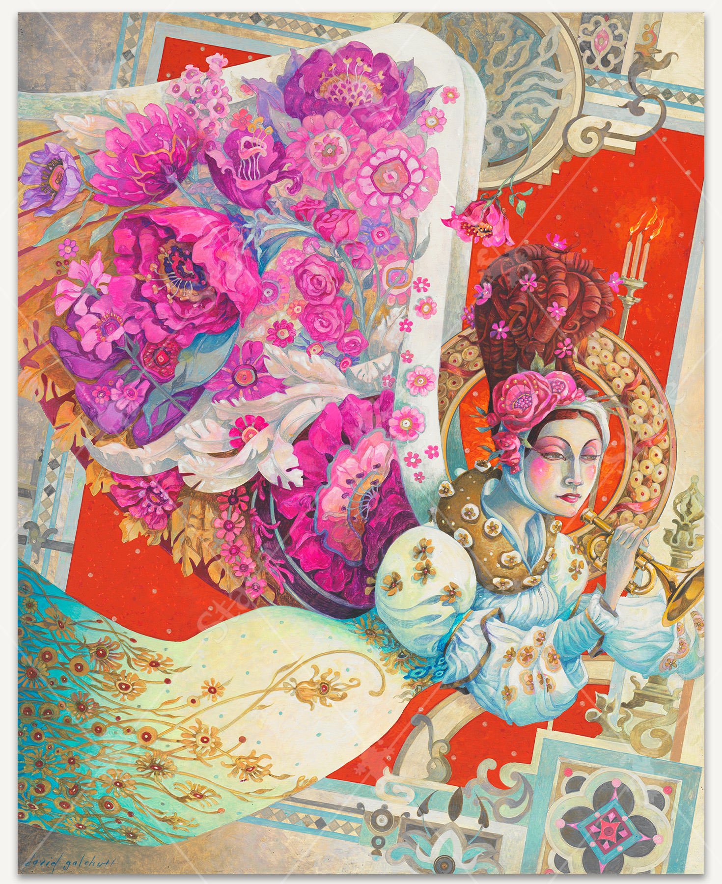 Angelic figure in David Galchutt’s Floral Fanfare, floating gracefully while holding a trumpet, set against a bold red background. The angel’s wings are made of abundant, richly saturated pink flowers.