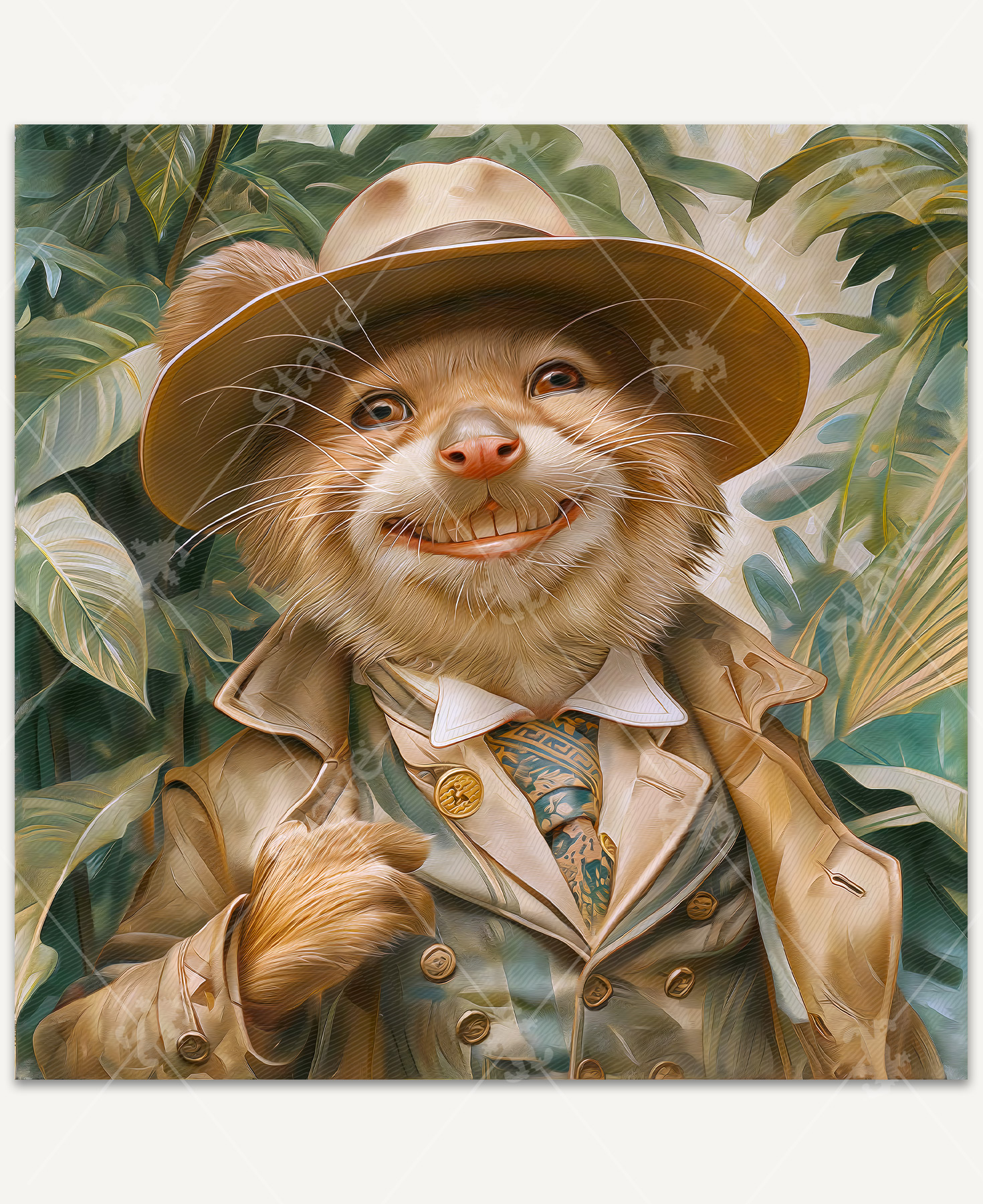 A sharply dressed meerkat wearing a voyager-style hat, a tan coat, and a tailored suit and tie. Dense green foliage surrounds the scene behind the meerkat.