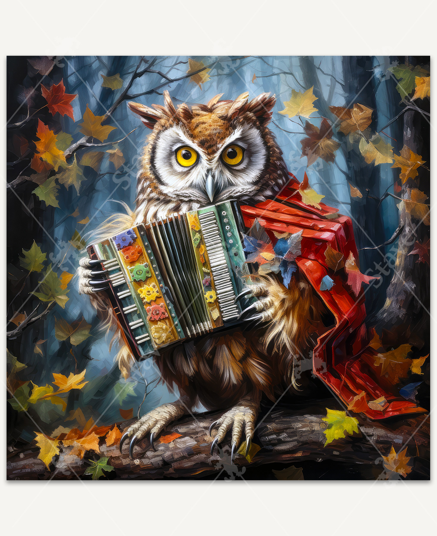An owl wearing a bright red cape, perched on a branch of a golden autumn tree, while playing an accordion.