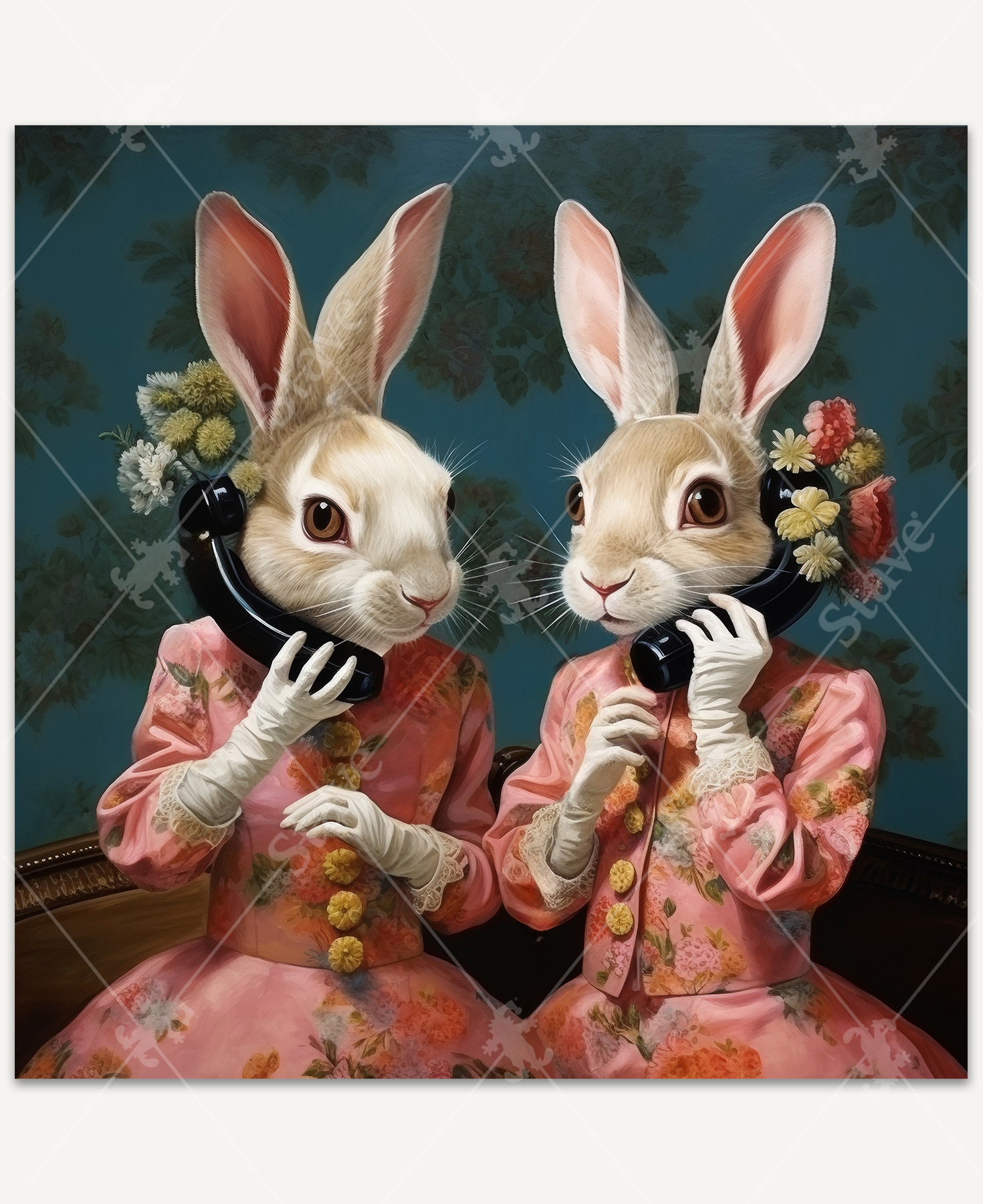 Whimsical scene of two white rabbits standing side by side, dressed in pink floral Victorian-style dresses, holding phones to their ears that bloom with flowers.