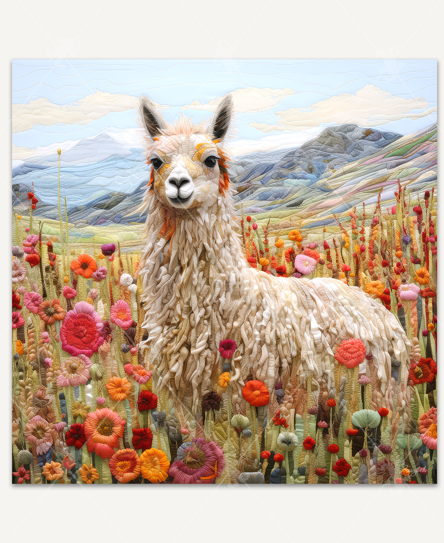 Cheerful scene of a llama standing proudly in a valley full of colorful flowers, with mountains rising in the background. The artwork has a textured, embroidered fabric-like style.