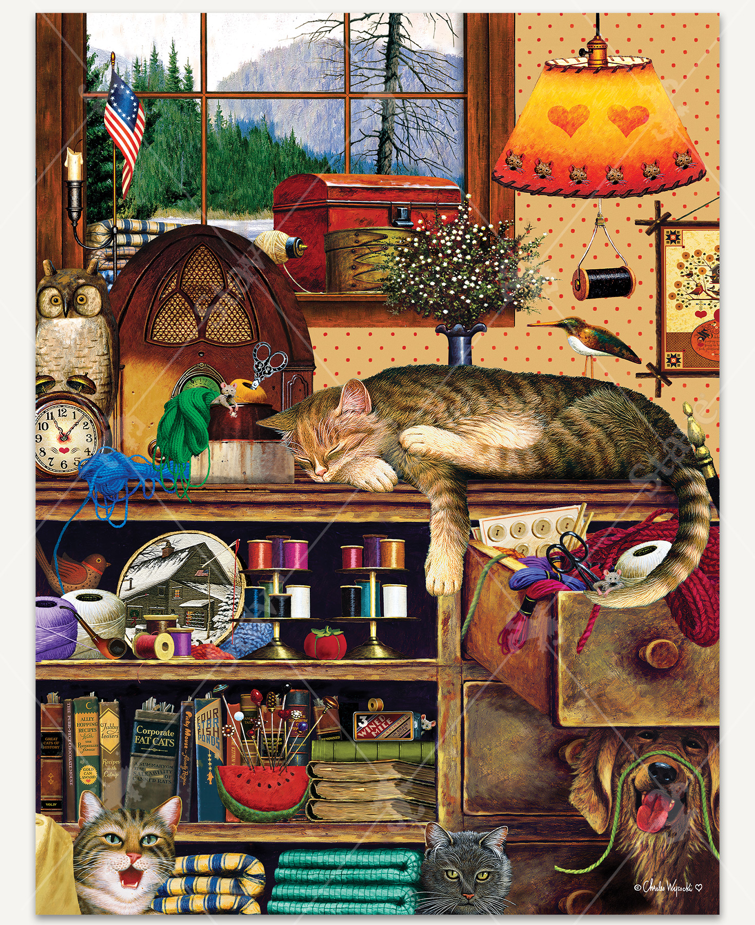Cozy crafting scene of a bookshelf filled with books and sewing needles, surrounded by spools of thread and soft fabrics. An orange cat naps on the top shelf, while two curious cats peek out from behind fabric. Below, a dog sits beneath an open drawer overflowing with colorful yarn.